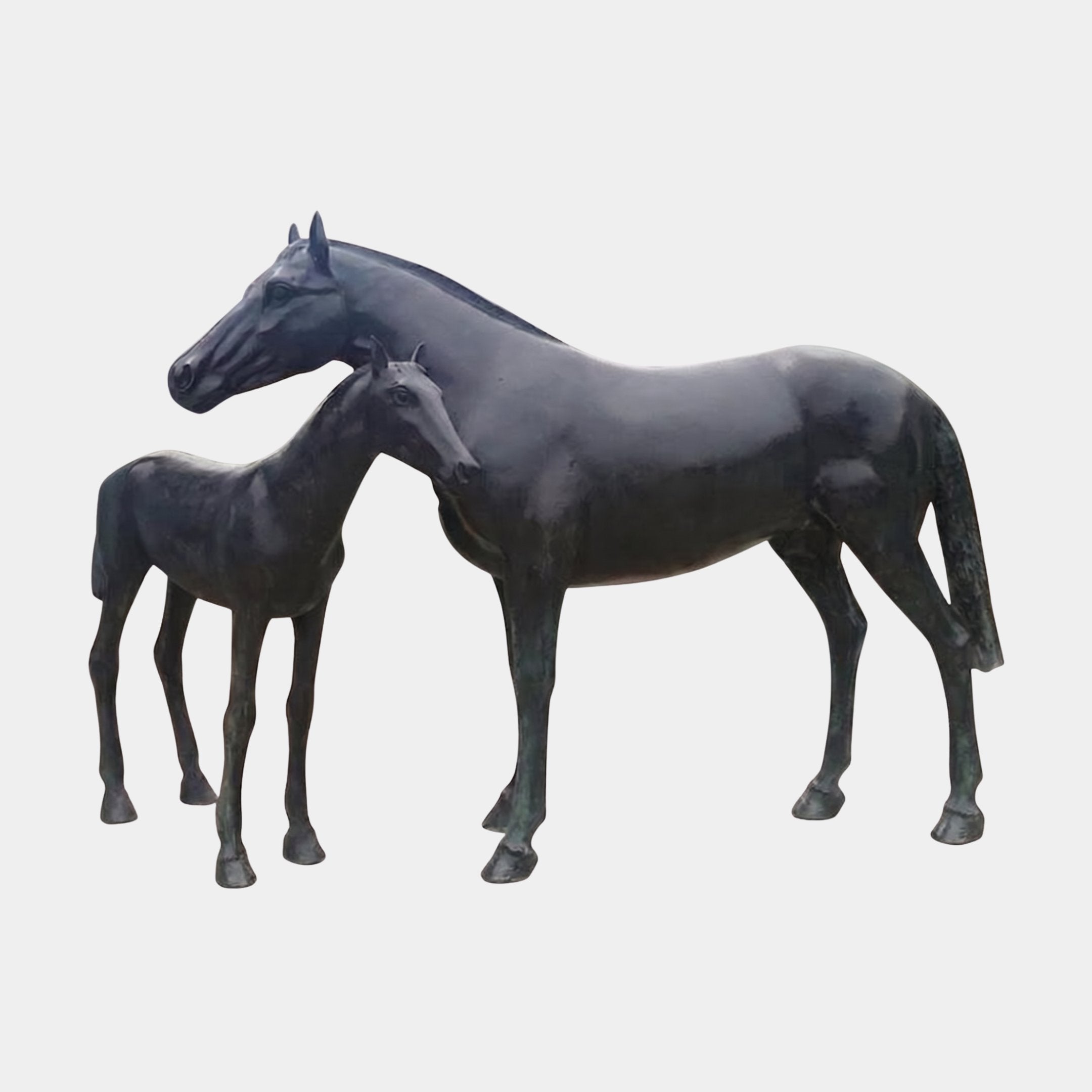 Life-Size Mare and Foal Bronze Sculpture 180cm by Giant Sculptures, dark patinated mare standing beside foal in side view against a plain light background.