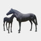 Life-Size Mare and Foal Bronze Sculpture 180cm by Giant Sculptures, dark patinated mare standing beside foal in side view against a plain light background.