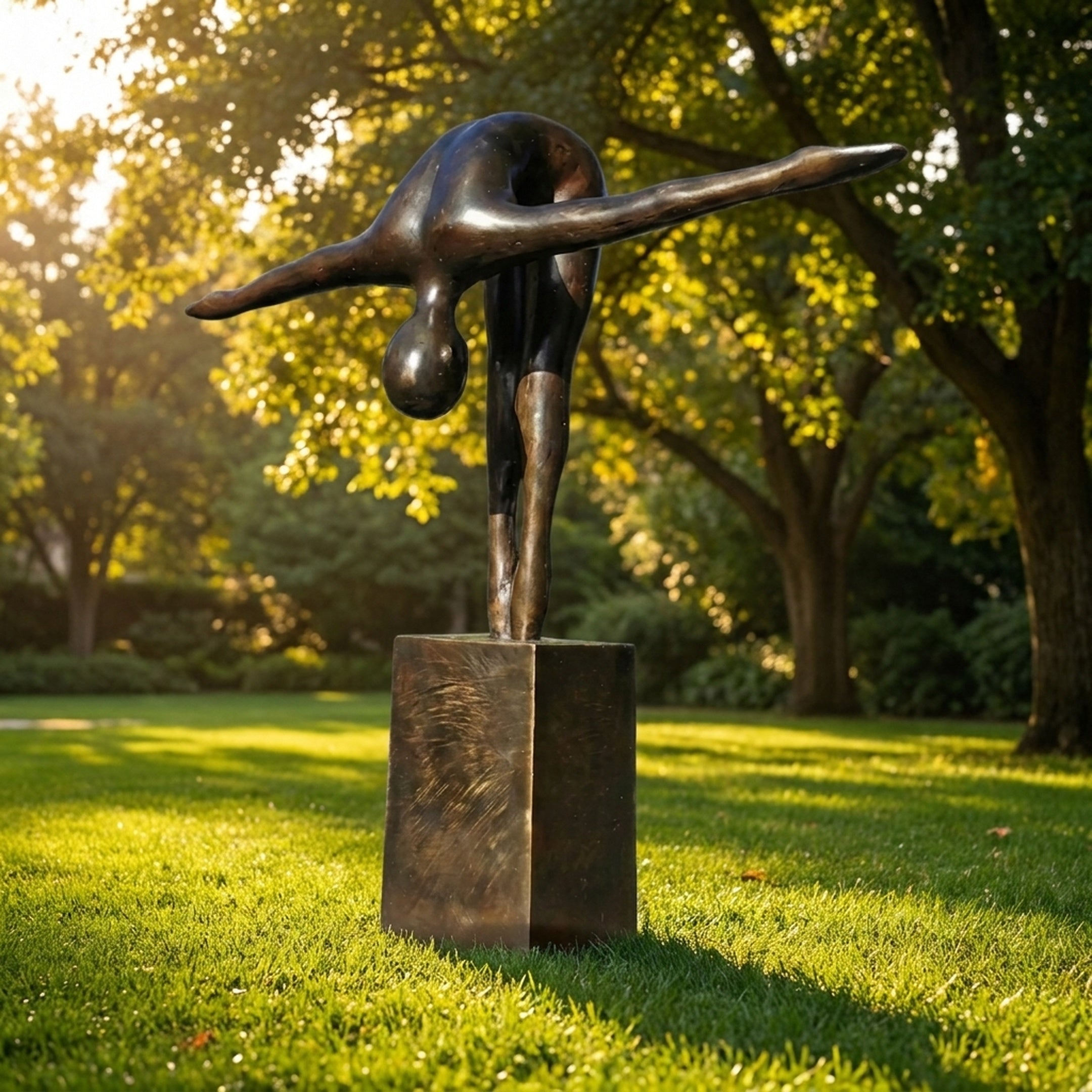 Life-Size Modern Abstract Diving Figure Bronze Sculpture 180cm by Giant Sculptures, folded mid-dive with arms outstretched on a bronze plinth in a sunlit garden.