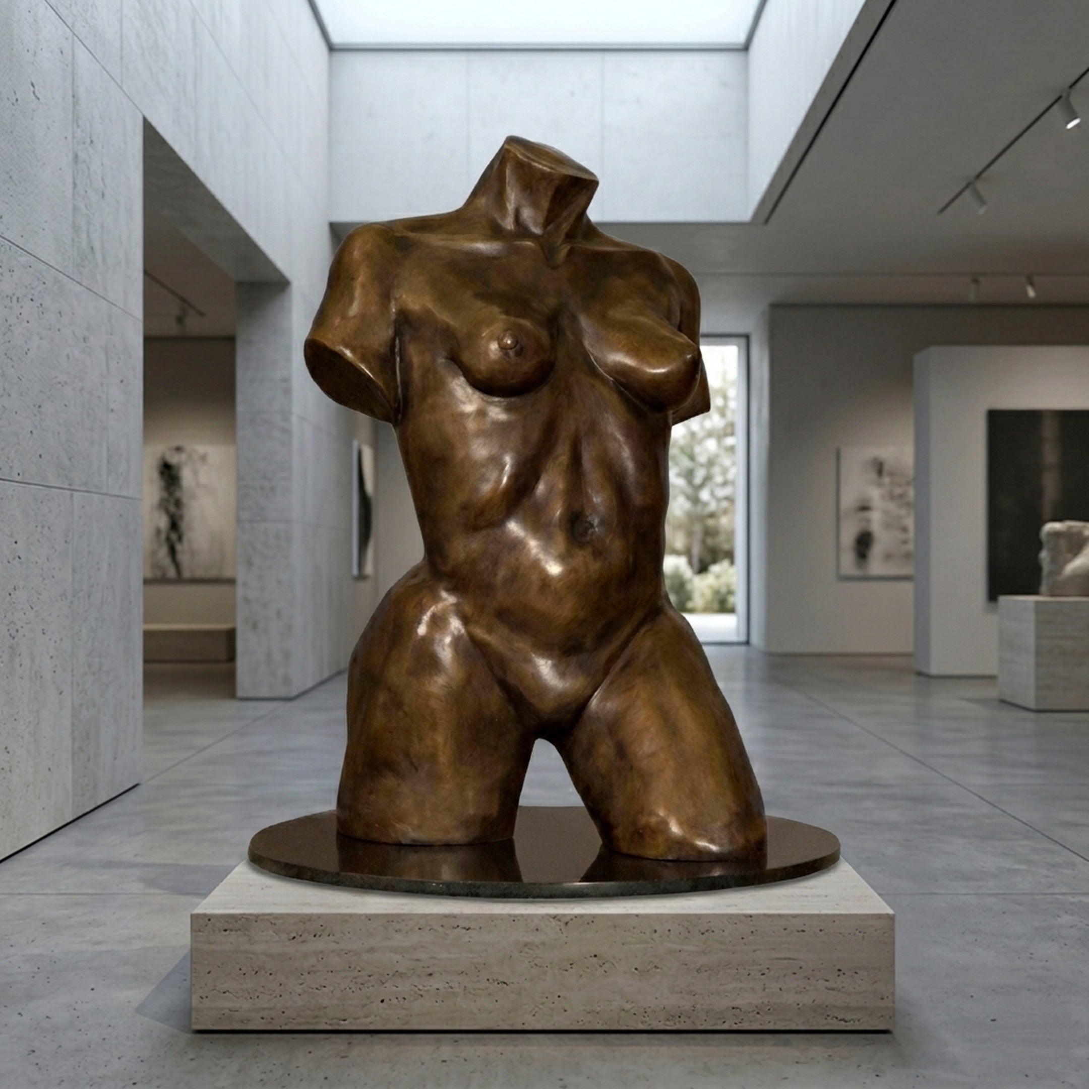 Life-Size Modern Female Torso Bronze Sculpture by Giant Sculptures with warm brown patina on a dark disc and stone plinth in a gallery interior.