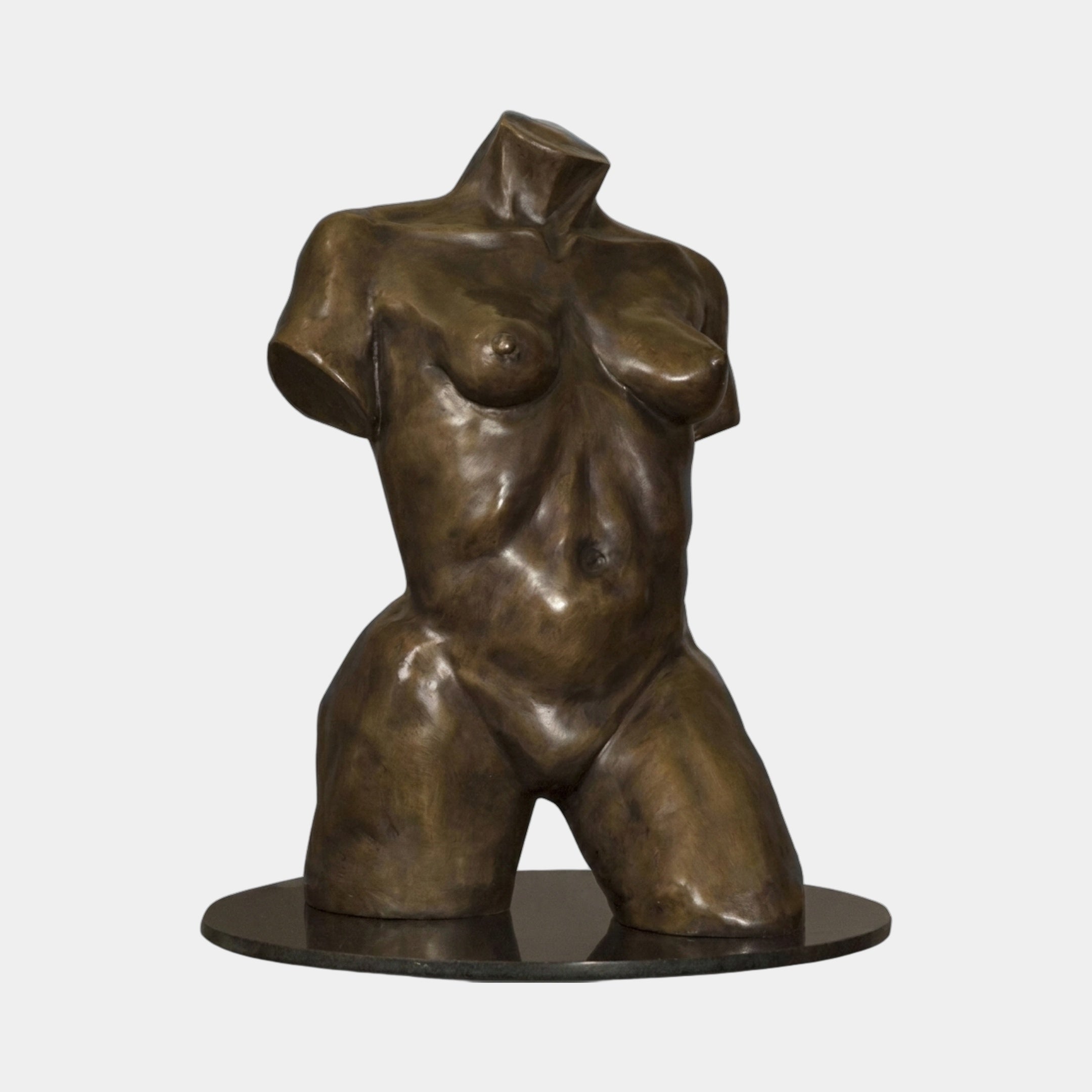 Life-Size Modern Female Torso Bronze Sculpture by Giant Sculptures, 140cm headless and limbless figure with warm brown patina on a dark circular base.