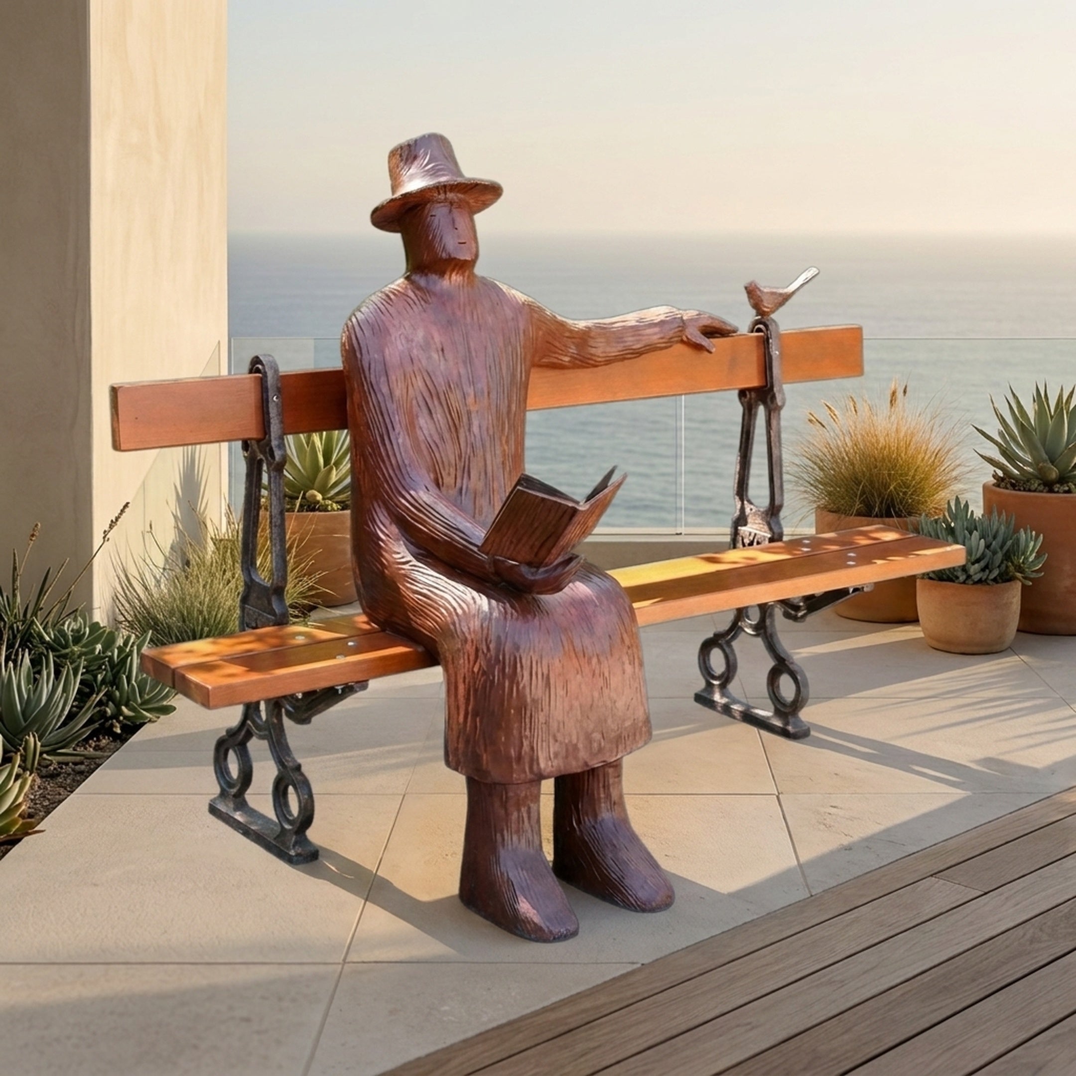 Life-Size Modern Seated Reader Bronze Sculpture by Giant Sculptures on a timber park bench, holding a book with a small bird perched at the fingertips, overlooking the ocean.