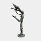 Life-Size Nude Ribbon Dancer Bronze Sculpture, 240cm, dancer with arms raised and flowing ribbon in deep verdigris patina on round base, plain white background.