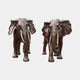 Life-Size Pair of African Elephants Bronze Sculpture by Giant Sculptures, shown frontally with flared ears, lowered trunks, and ivory tusks in warm reddish-brown patina.