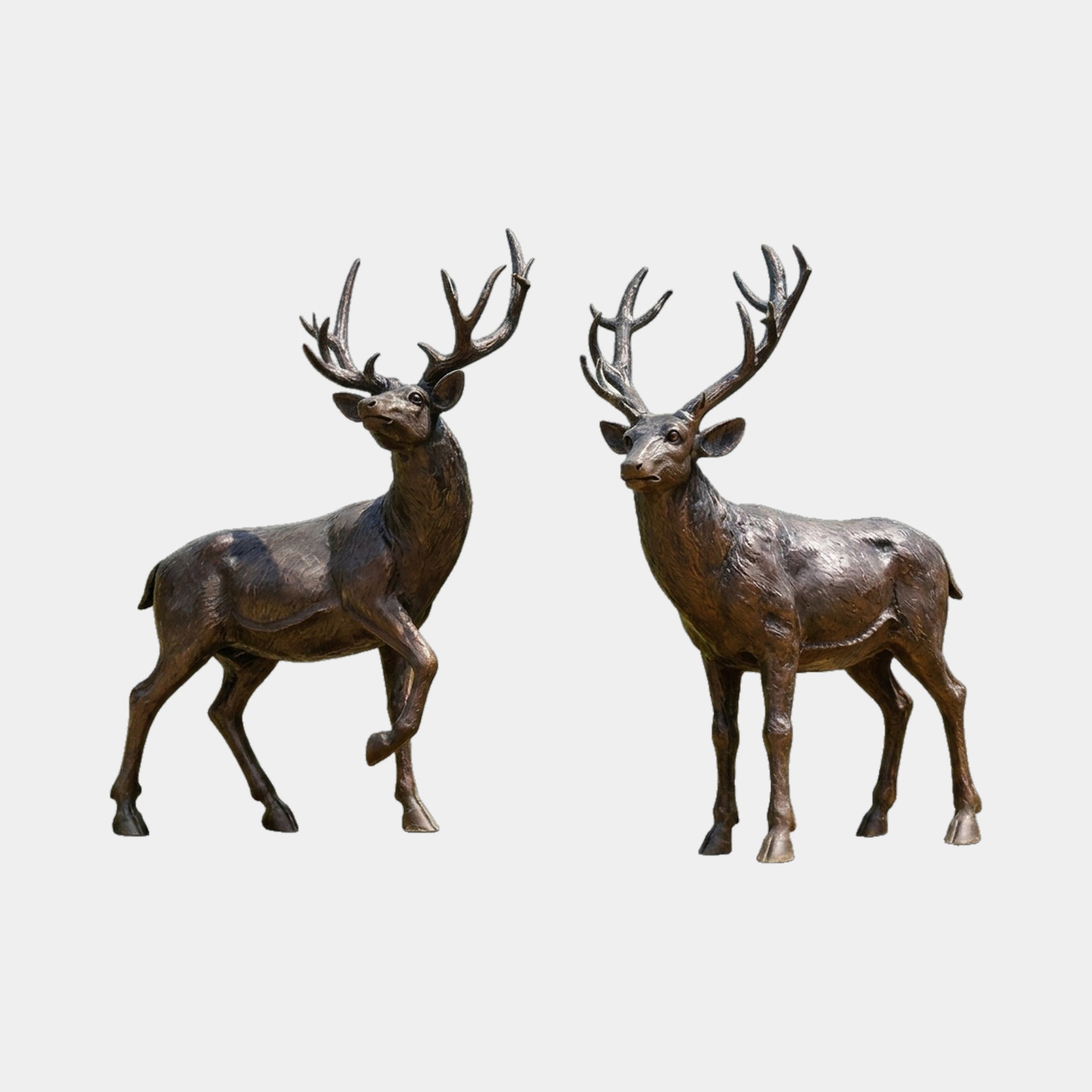 Life-Size Pair of Stags Bronze Sculpture by Giant Sculptures, two facing stags with multi-point antlers in dark brown patina, one mid-stride, on a plain background.