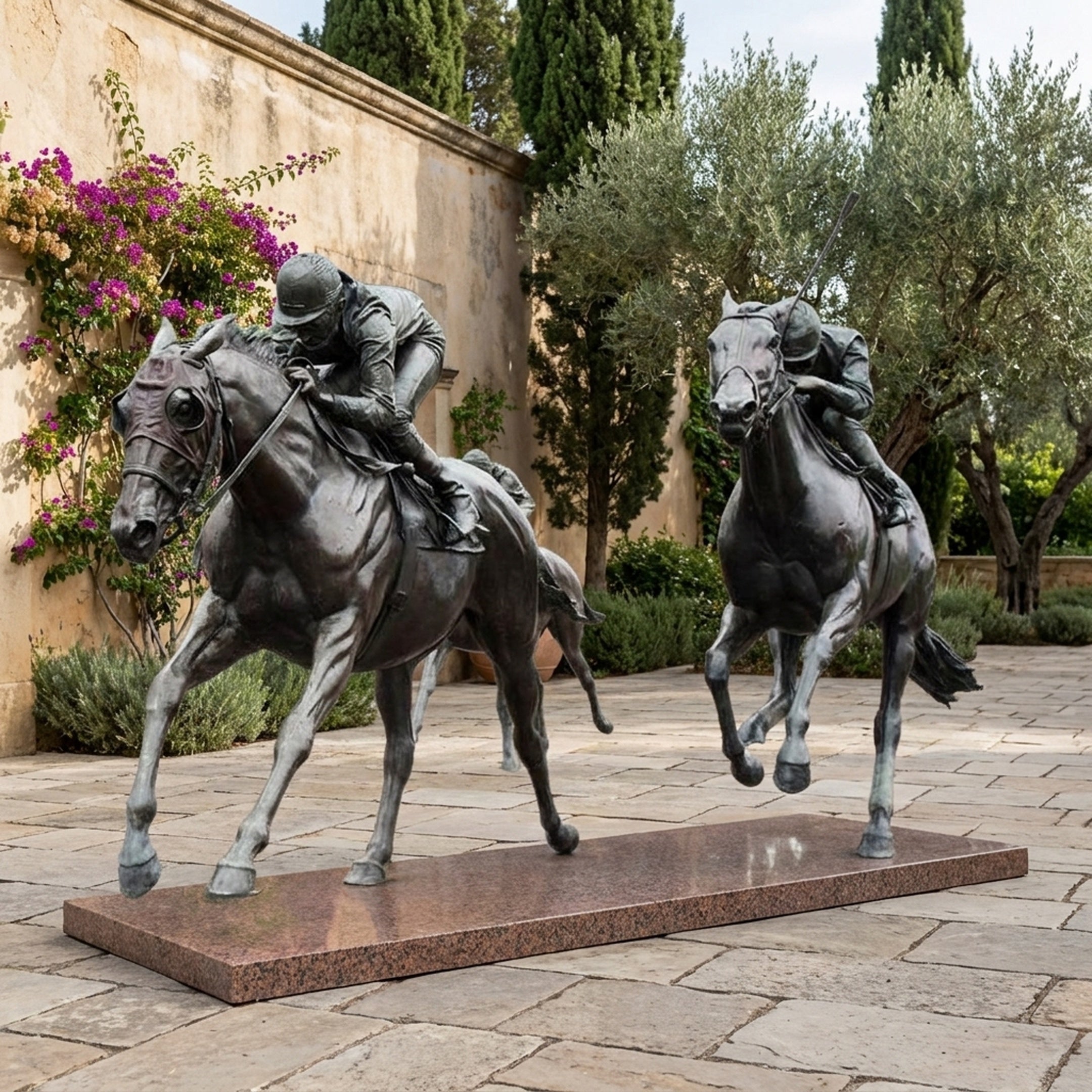 Life-Size Racing Horses and Jockeys Bronze Sculpture by Giant Sculptures, two galloping thoroughbreds with crouched riders on a granite base in a Mediterranean courtyard.