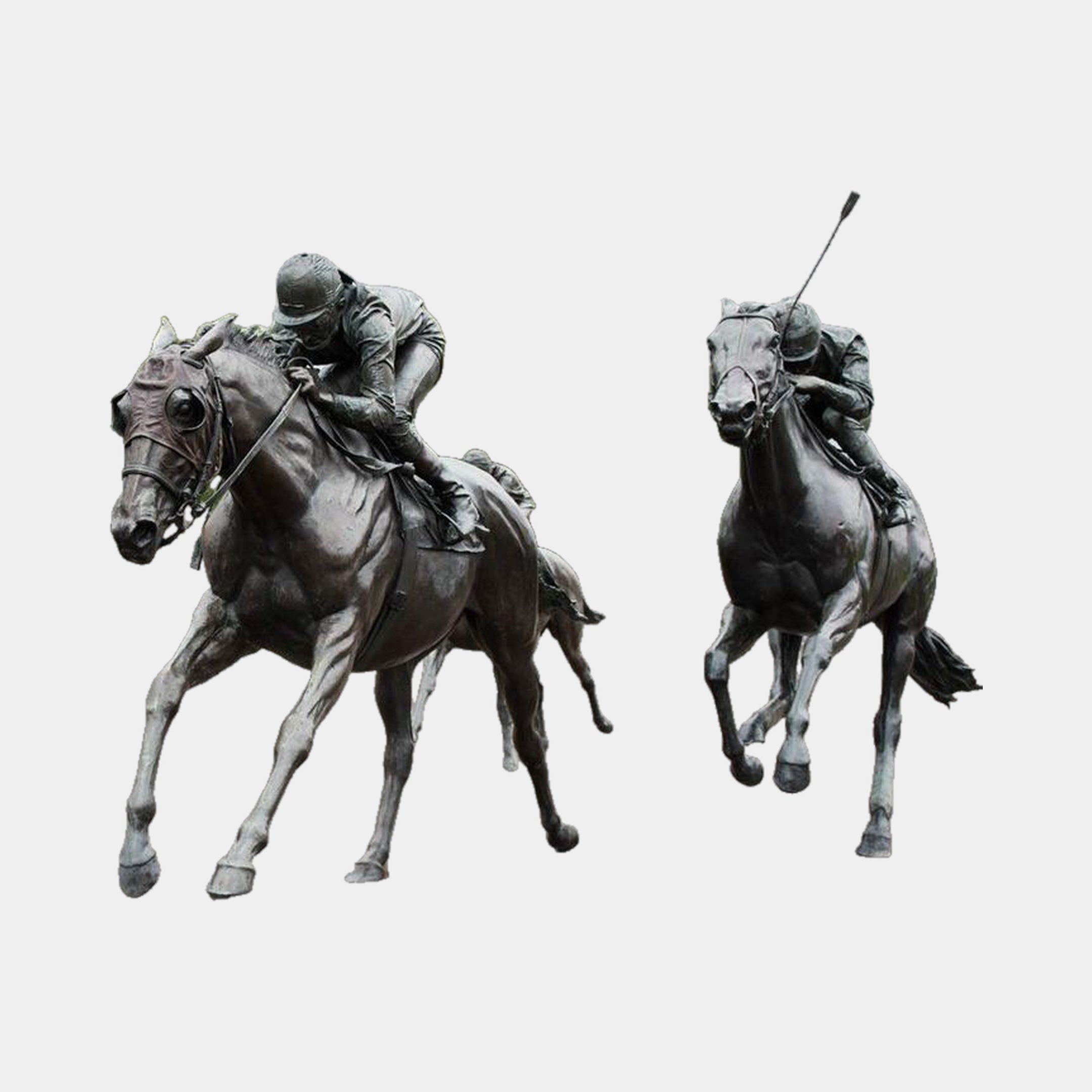 Life-Size Racing Horses and Jockeys Bronze Sculpture by Giant Sculptures, two galloping thoroughbreds with crouched jockeys, one whip raised, dark patina.