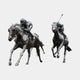 Life-Size Racing Horses and Jockeys Bronze Sculpture by Giant Sculptures, two galloping thoroughbreds with crouched jockeys, one whip raised, dark patina.