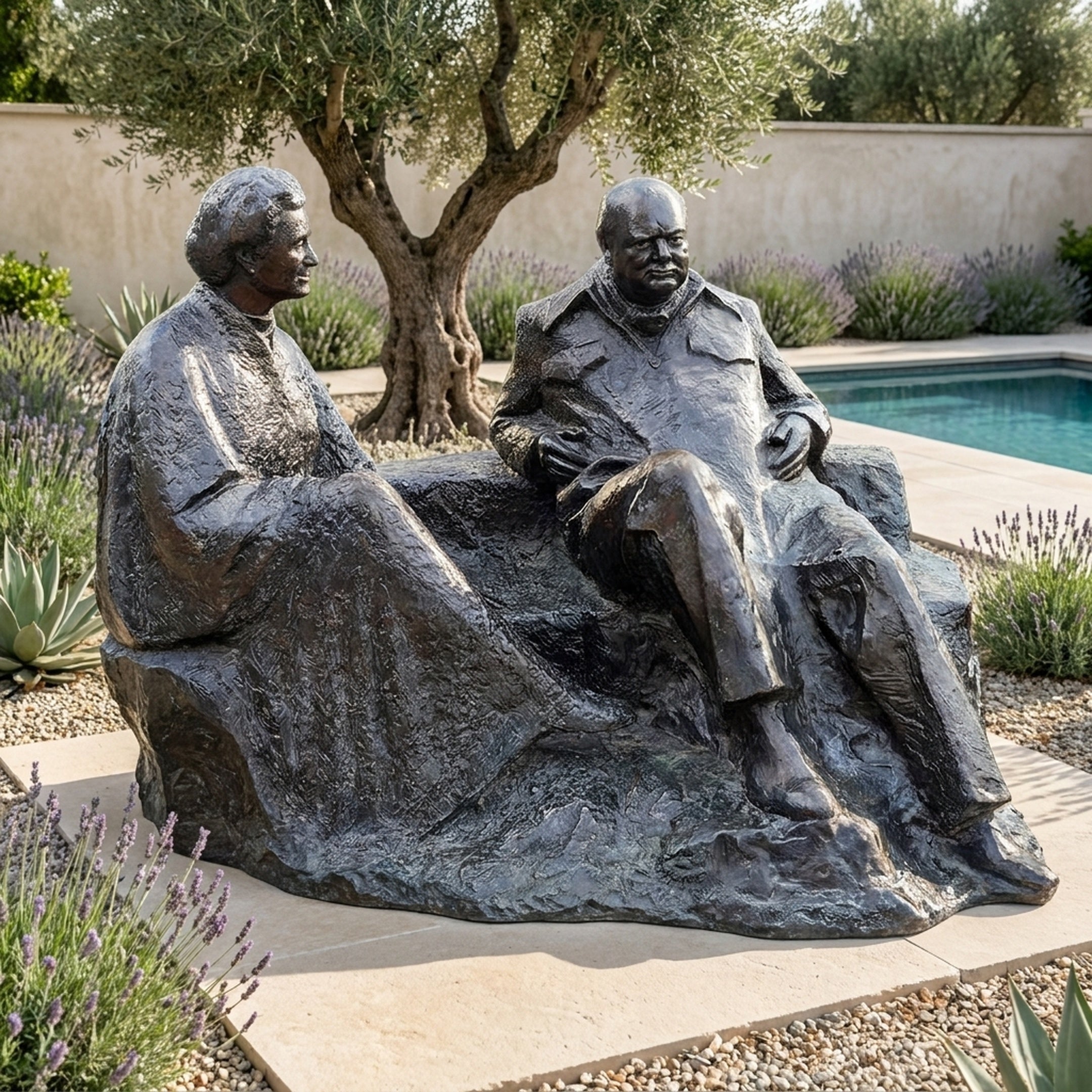 Life-Size Seated Conversing Figures Bronze Sculpture by Giant Sculptures, 220cm, shown in a sunlit garden with lavender, olive tree, and pool behind.