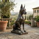 Life-Size Seated Great Dane Dog Bronze Sculpture by Giant Sculptures with dark patina, displayed on a Tuscan stone terrace beside olive trees and a villa.