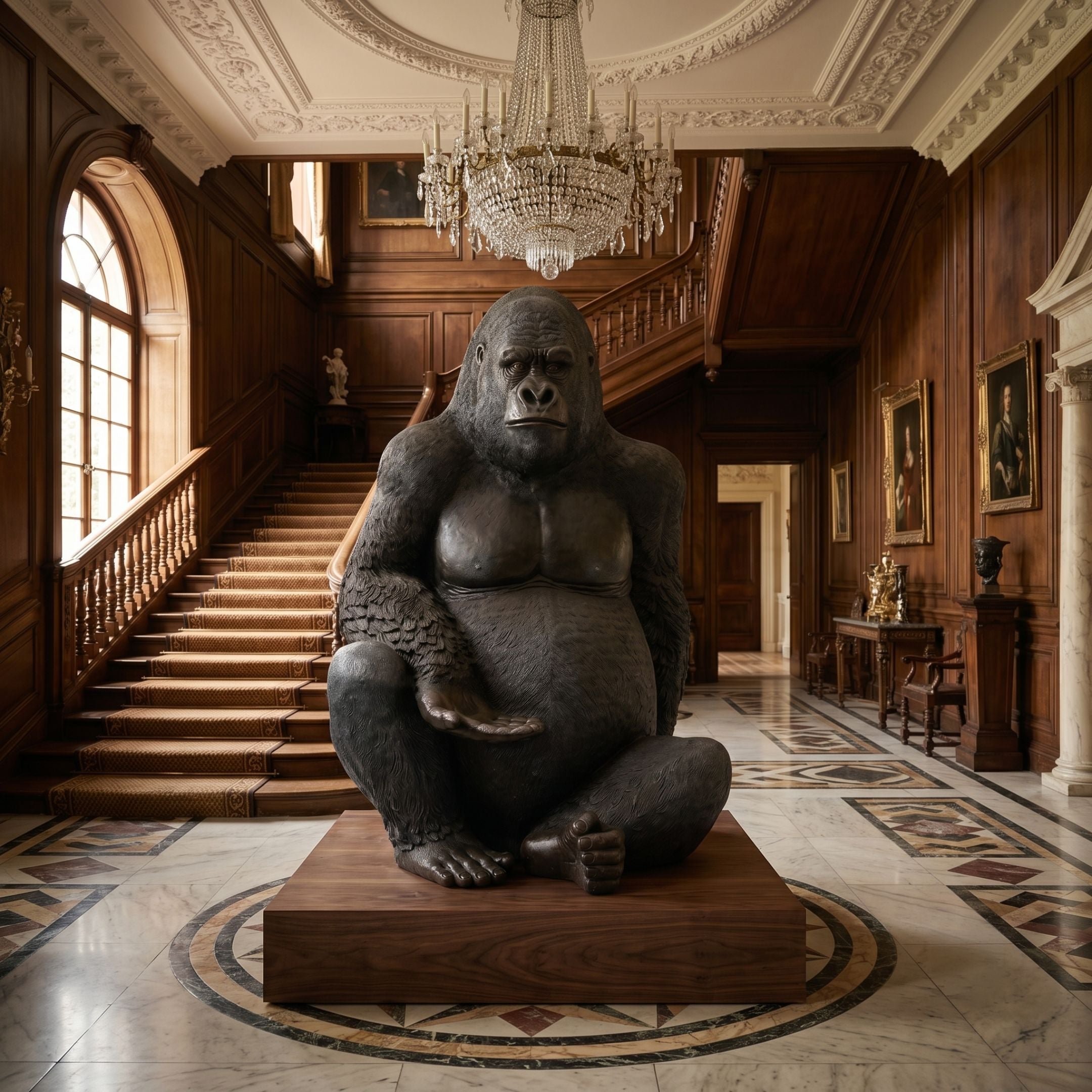 Life-Size Seated Silverback Gorilla Bronze Sculpture by Giant Sculptures on a wooden plinth in a wood-panelled hall with staircase and chandelier.