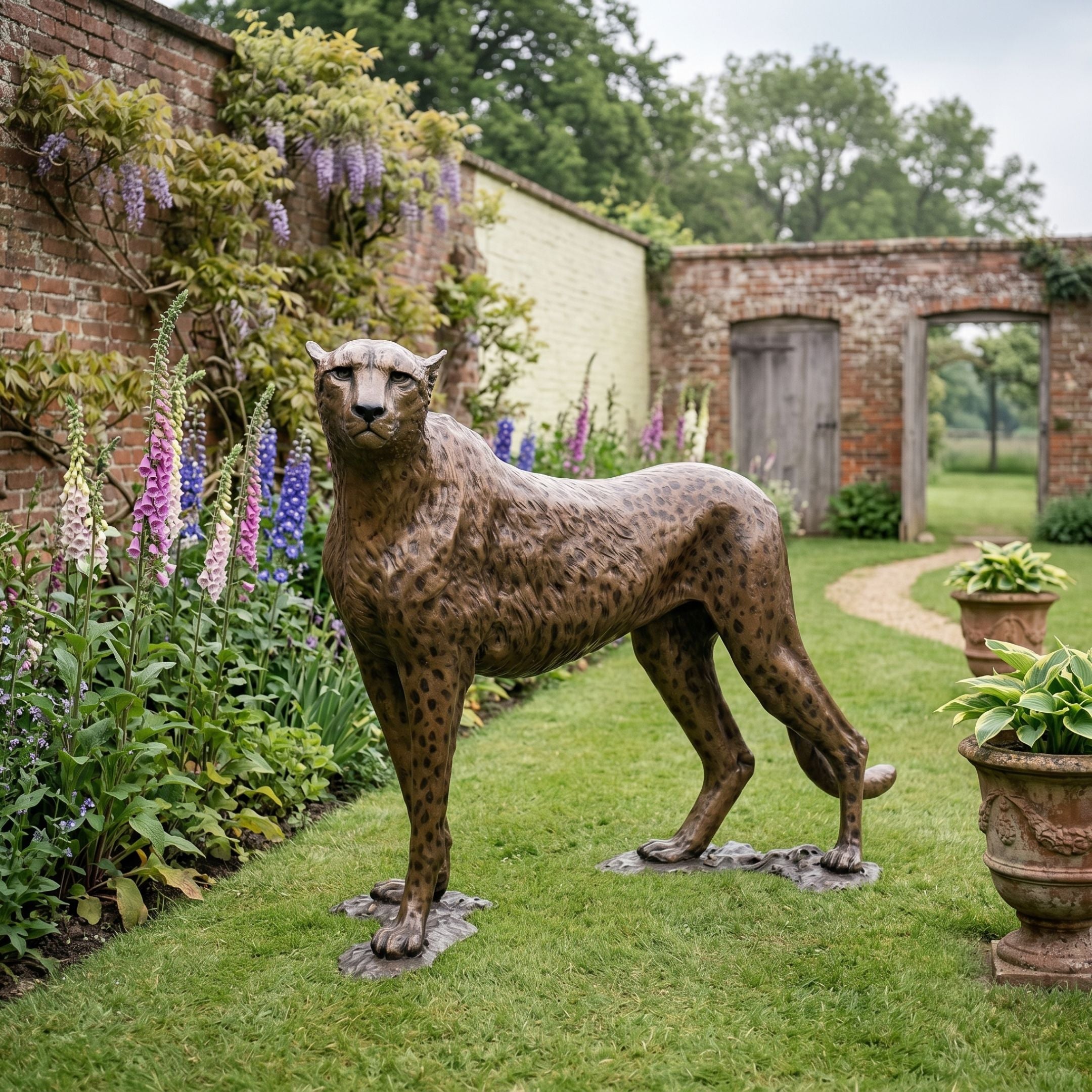 Life-Size Standing Cheetah Bronze Sculpture by Giant Sculptures in polychrome gold and black spotted finish, displayed on lawn beside foxgloves in a walled garden.
