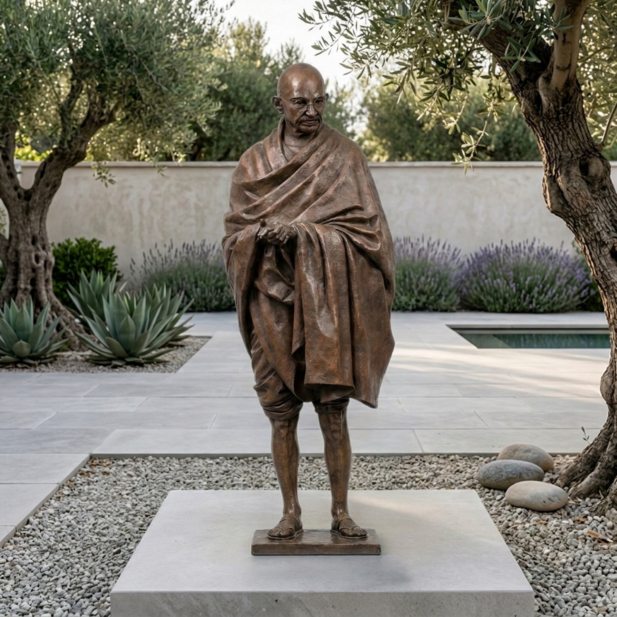 Life-Size Standing Gandhi Figure Bronze Statue by Giant Sculptures, 180cm, displayed on a stone plinth in a garden courtyard with olive trees and lavender.