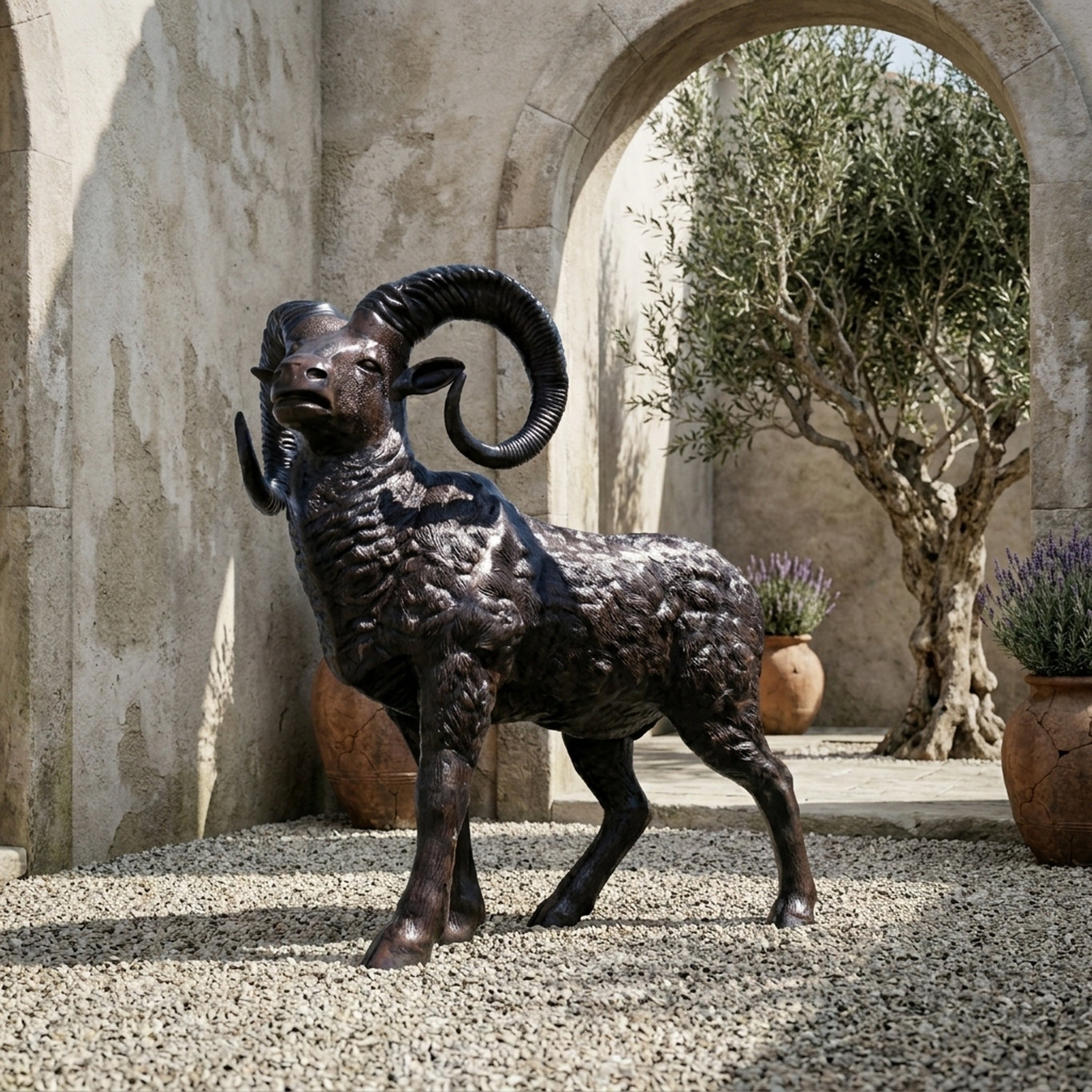 Life-Size Standing Ram Bronze Sculpture by Giant Sculptures with spiralling horns and dark patina, displayed on gravel beside a stone archway and olive tree.