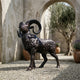 Life-Size Standing Ram Bronze Sculpture by Giant Sculptures with spiralling horns and dark patina, displayed on gravel beside a stone archway and olive tree.