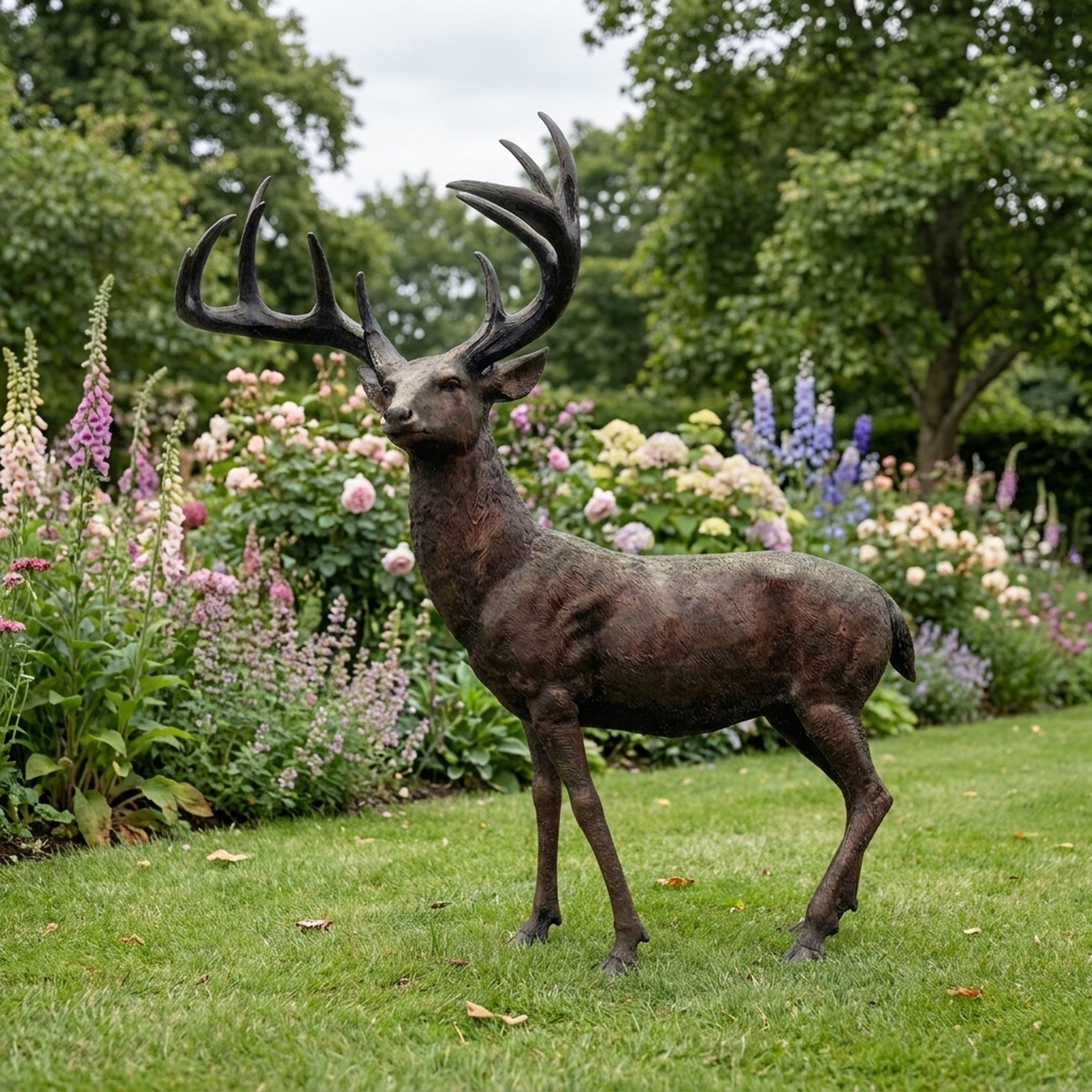 Life-Size Standing Stag Bronze Sculpture by Giant Sculptures displayed on a lawn beside a flower border of roses, foxgloves, and delphiniums, antlers fully spread.