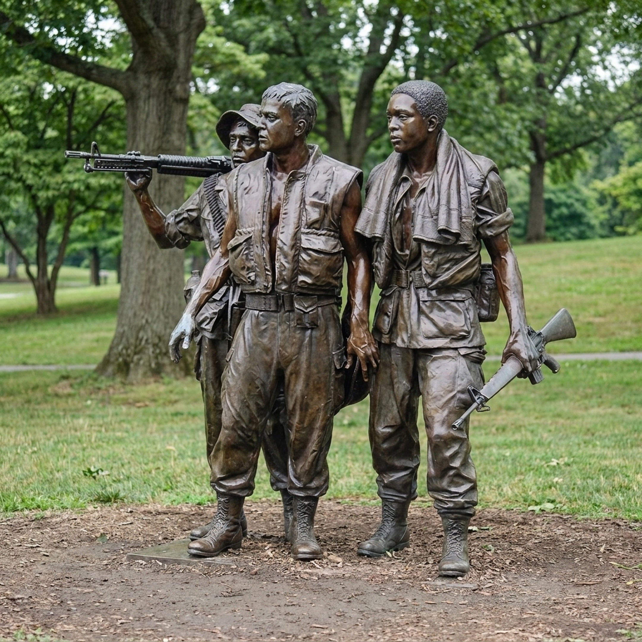 Life-Size Three Military Soldiers Bronze Sculpture by Giant Sculptures, 250cm trio in combat gear with rifles, warm brown patina, displayed on a park path.