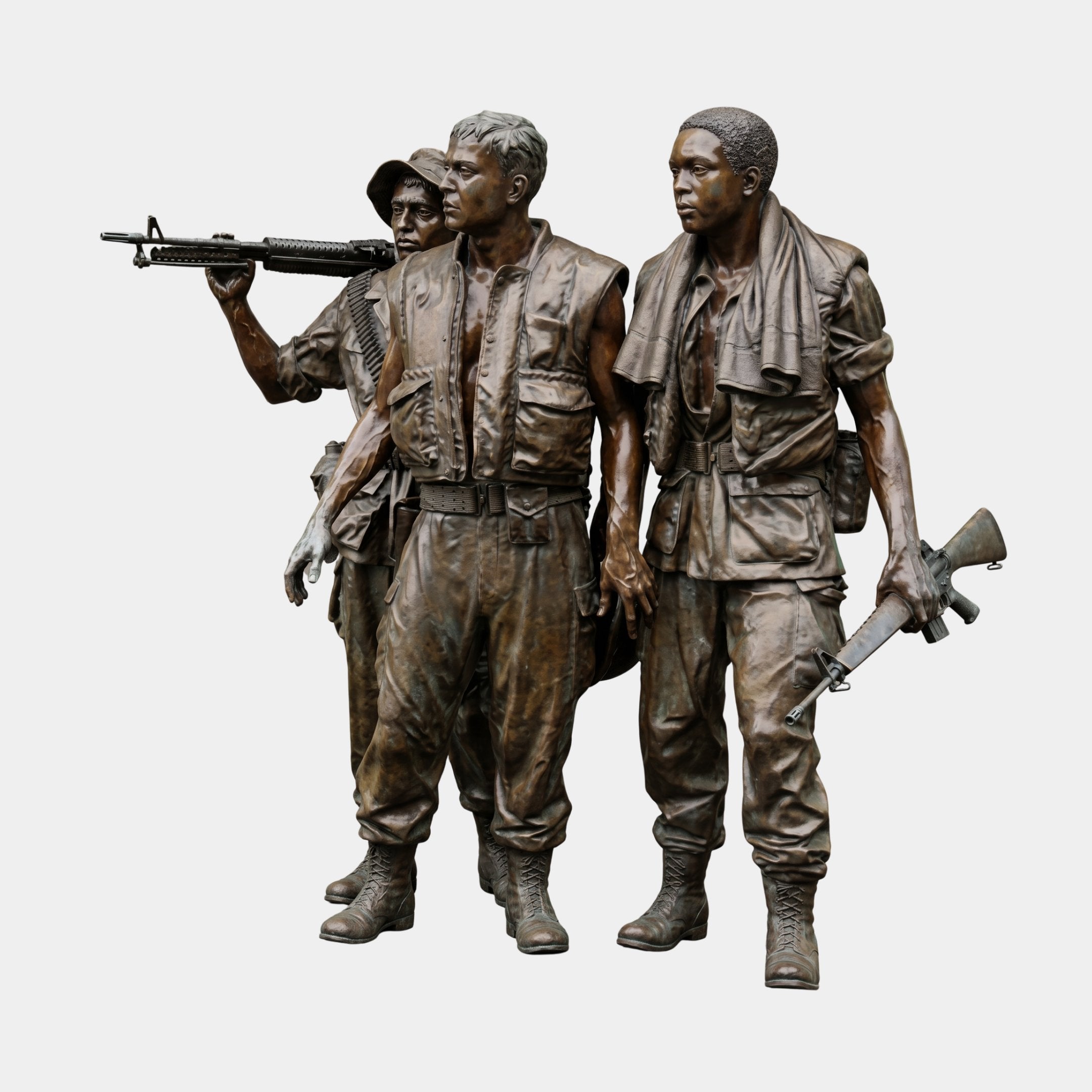 Giant Sculptures Life-Size Three Military Soldiers Bronze Sculpture 250cm, three combat-ready figures with rifles and flak jackets, warm brown patina.