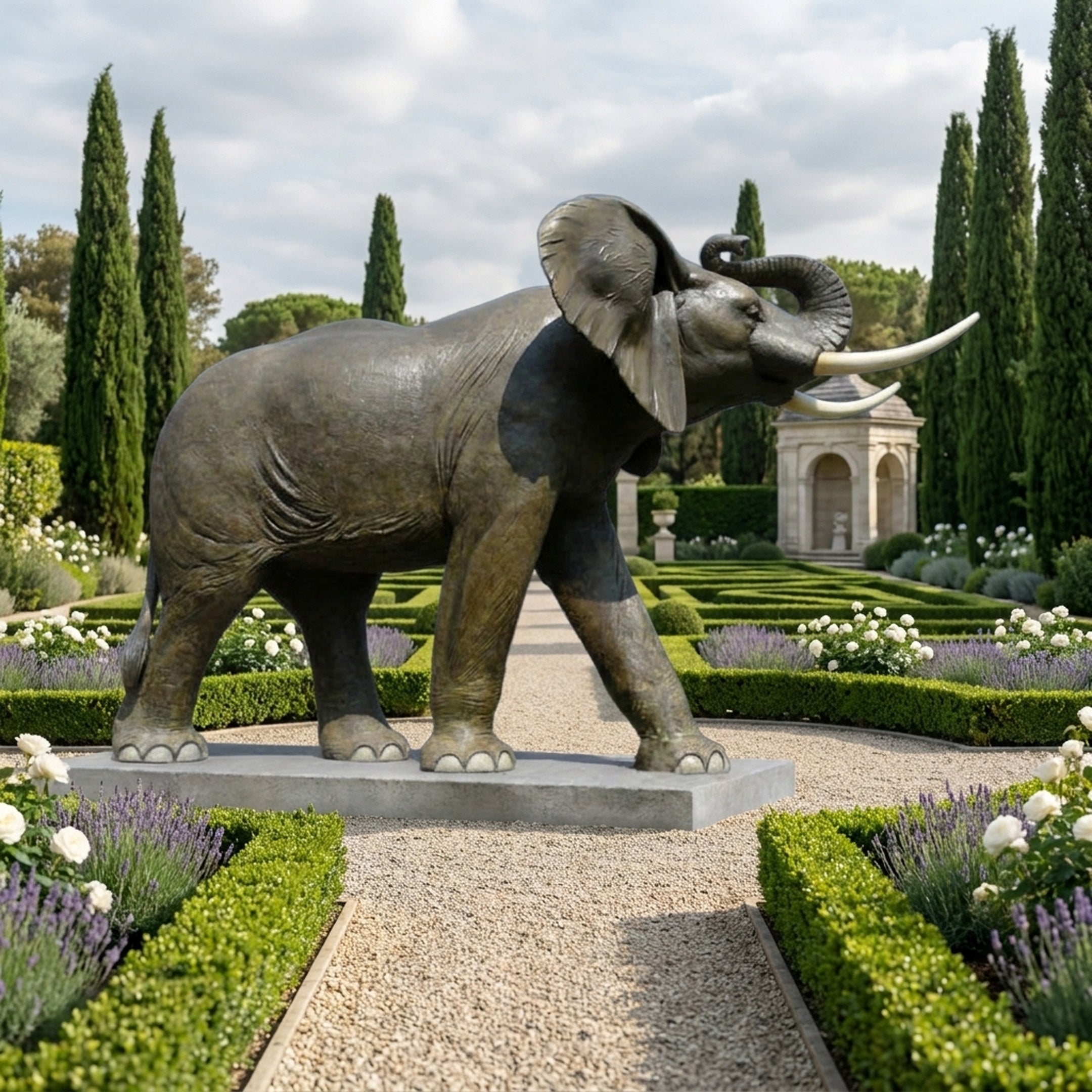 Life-Size Traditional African Elephant Bronze Sculpture by Giant Sculptures with raised trunk and ivory tusks, on a granite plinth in a formal cypress garden.
