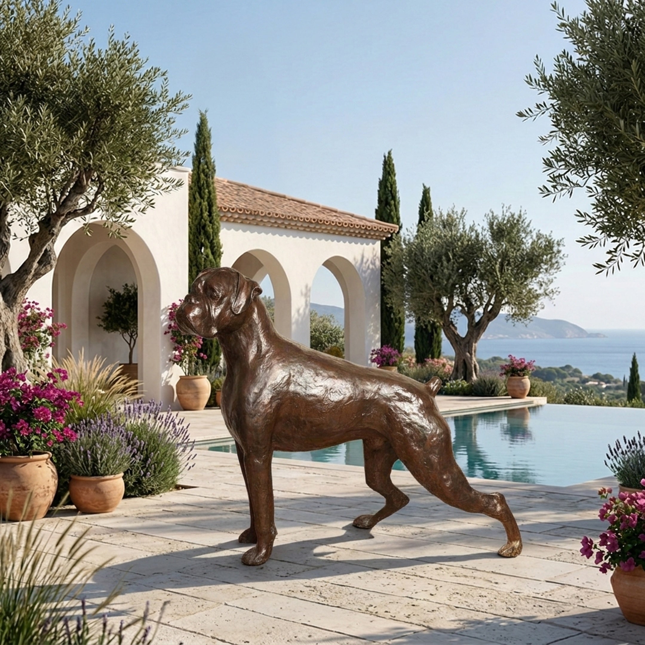 Life-Size Traditional Boxer Dog Bronze Sculpture by Giant Sculptures with dark brown patina, displayed on a Mediterranean poolside terrace overlooking the sea.