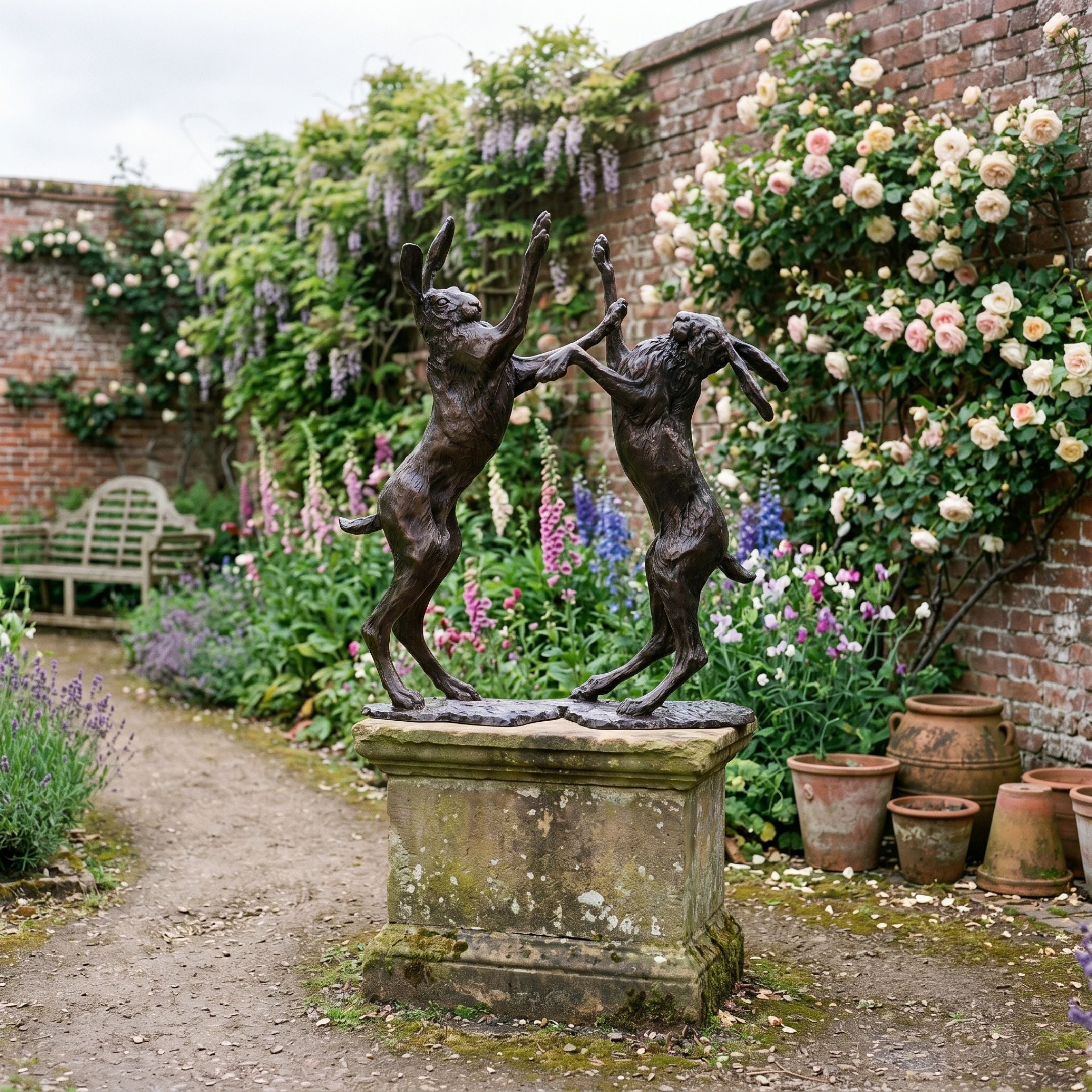 Giant Sculptures Life-Size Traditional Boxing Hares Bronze Sculpture on a stone plinth in a walled garden with climbing roses, wisteria, and foxgloves.