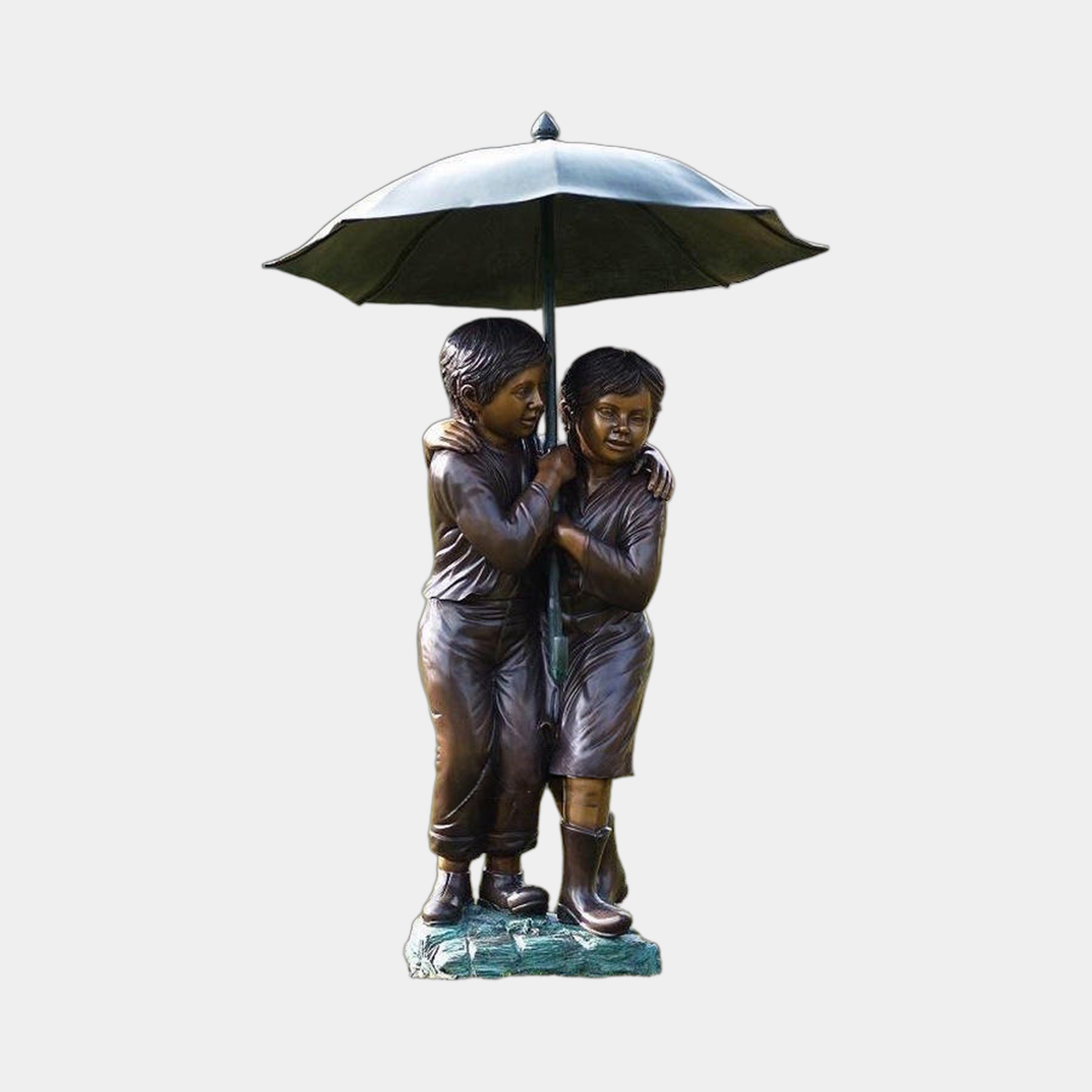 Life-Size Traditional Boy and Girl Bronze Sculpture by Giant Sculptures, 190cm, two children in period clothing sheltering beneath an open umbrella.