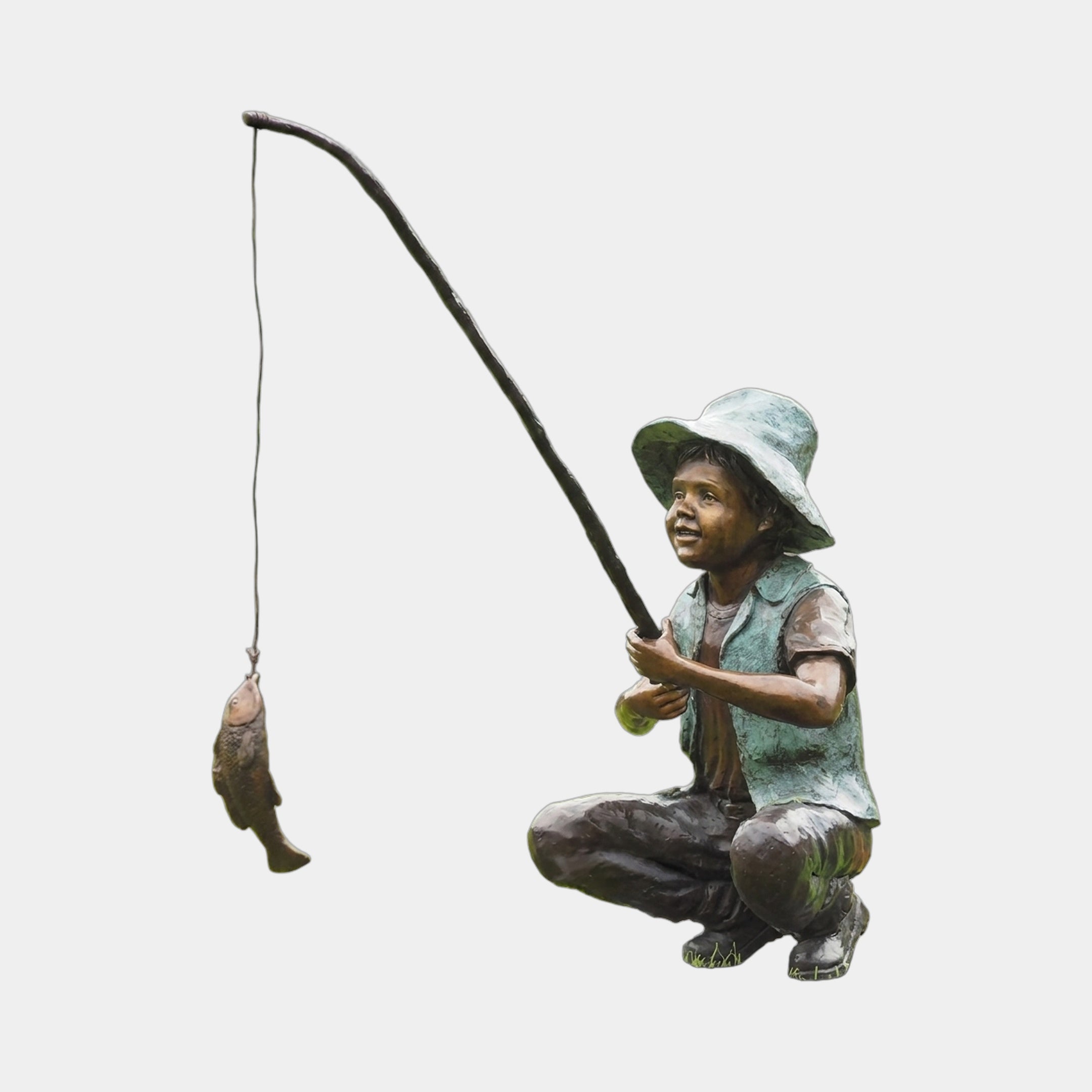 Life-Size Traditional Boy Fishing Bronze Sculpture by Giant Sculptures, 130cm, crouched boy in verdigris hat and vest holding an arched rod with a fish on the line.