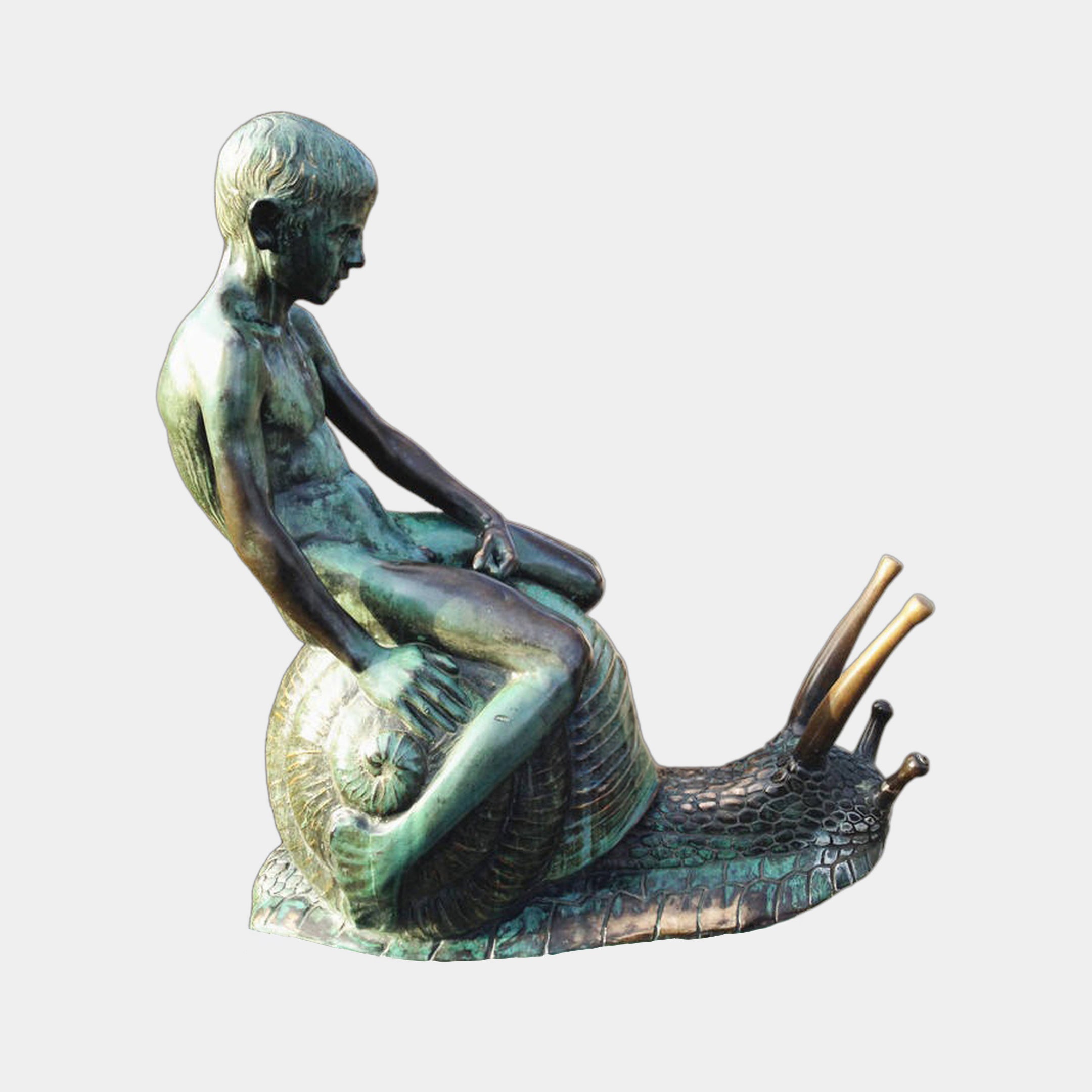 Side view of Giant Sculptures' Life-Size Traditional Boy Riding Snail Bronze Sculpture 130cm, nude boy seated on a verdigris snail with extended antennae.