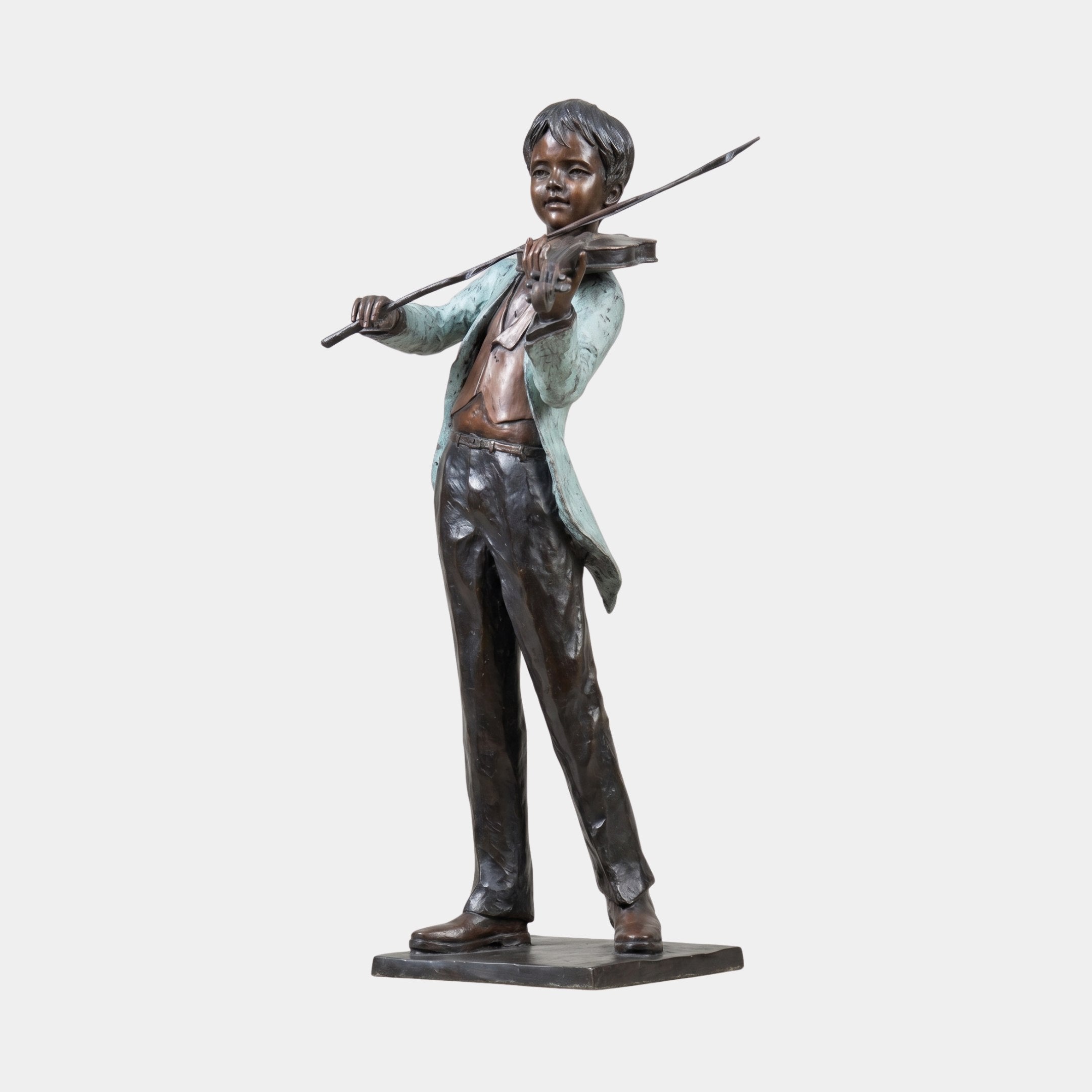 Life-Size Traditional Boy Violinist Bronze Statue 170cm by Giant Sculptures, shown mid-performance with bow raised, green verdigris jacket and dark patina trousers.