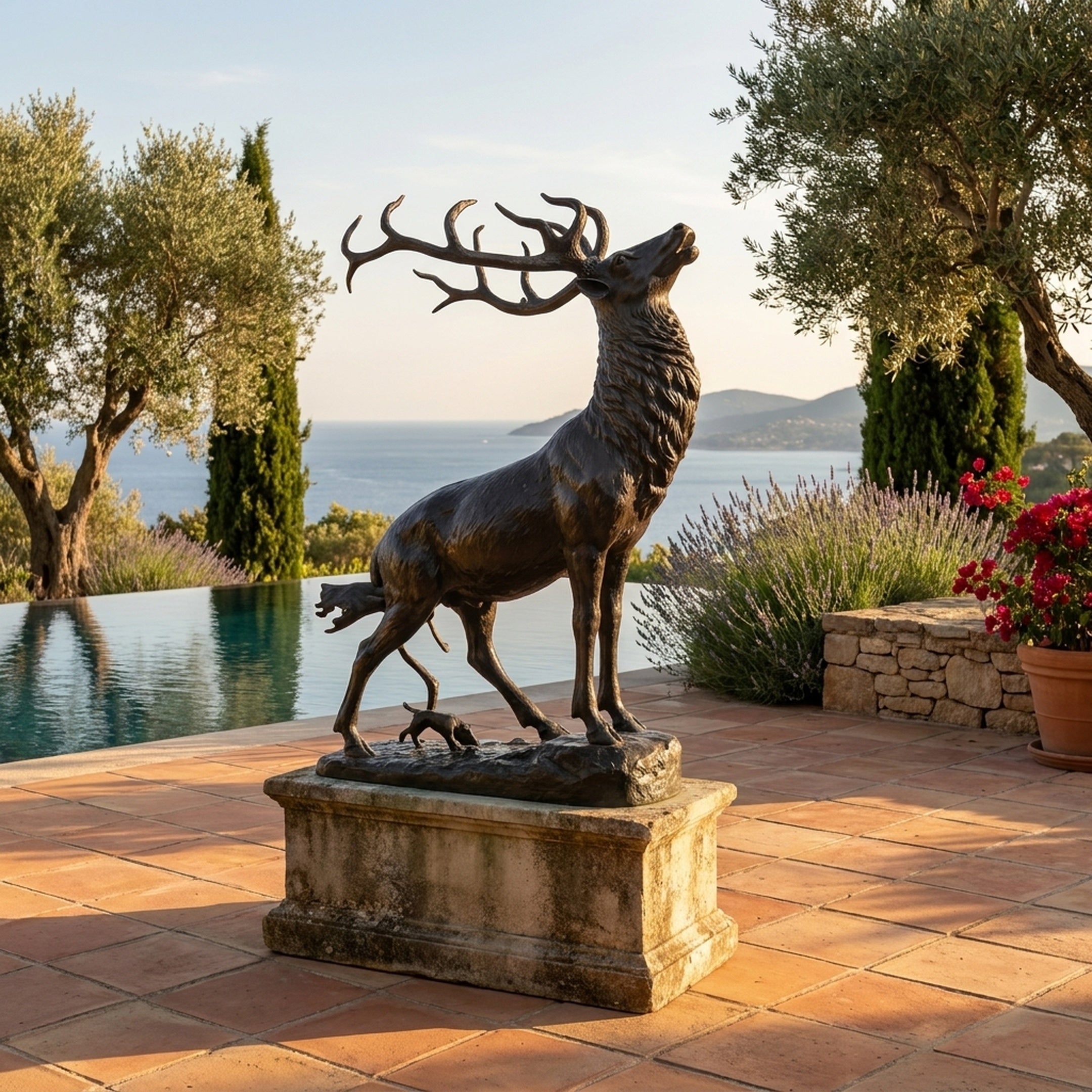 Life-Size Traditional Bugling Stag Bronze Sculpture by Giant Sculptures on a weathered stone plinth beside an infinity pool overlooking the sea.