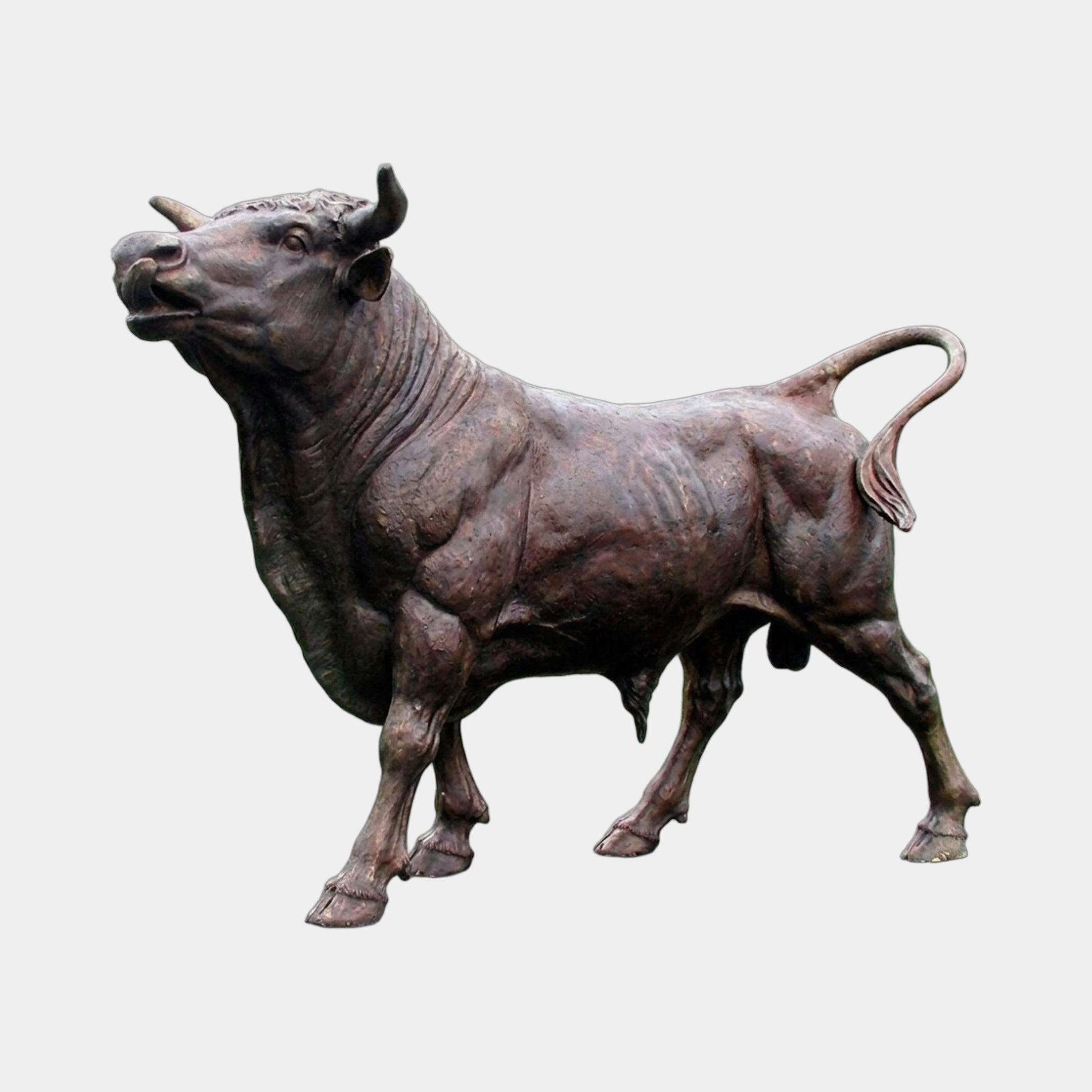 Life-Size Traditional Bull Bronze Sculpture by Giant Sculptures, 200cm, shown in three-quarter view with head raised, tail curled, and warm reddish-brown patina.