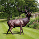Life-Size Traditional Bull Elk Bronze Sculpture by Giant Sculptures shown in side profile on a lawn beside flowering hydrangeas and a stone garden wall.