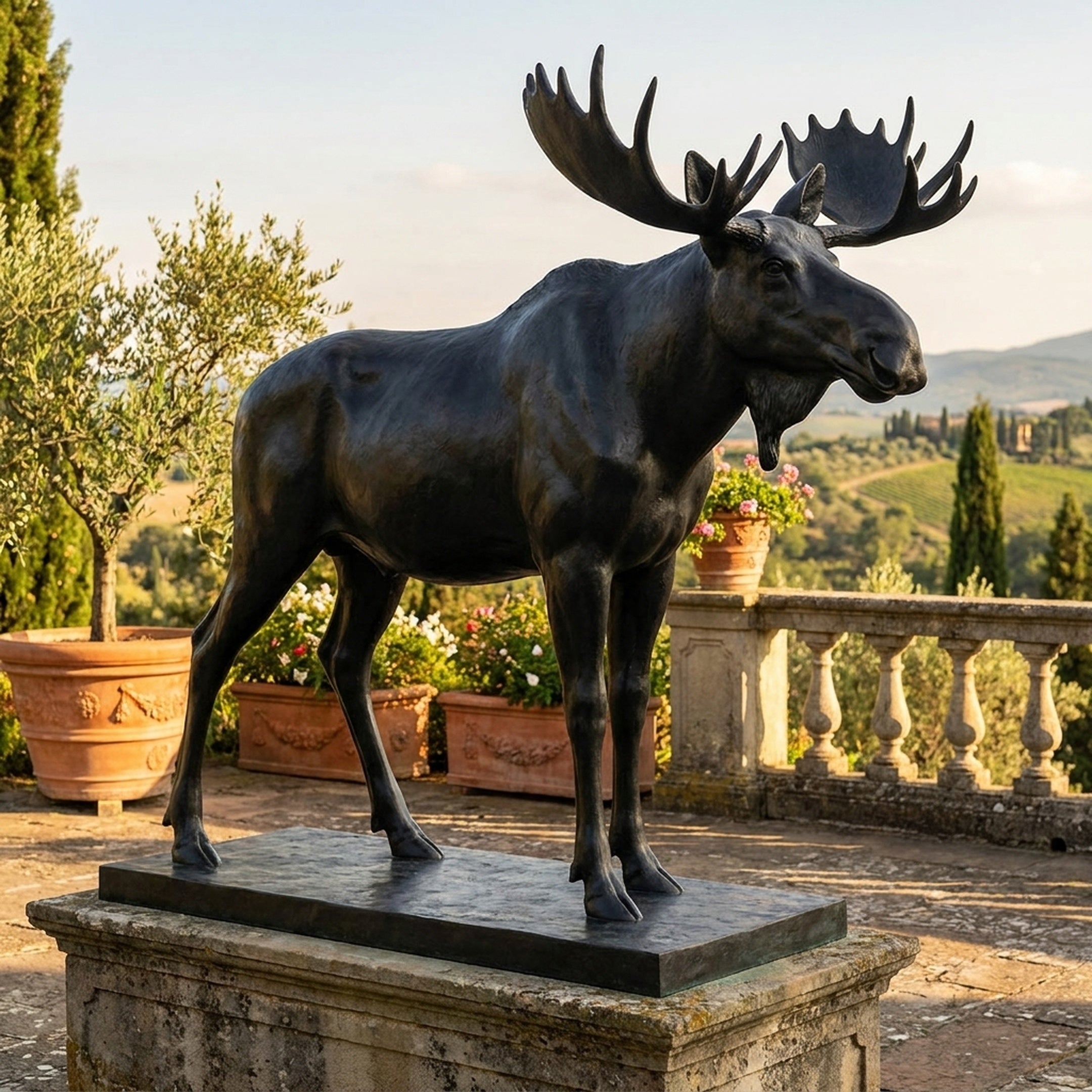 Life-Size Traditional Bull Moose Bronze Sculpture by Giant Sculptures on a granite plinth, shown side-on over a Tuscan terrace with olive trees and vineyards.