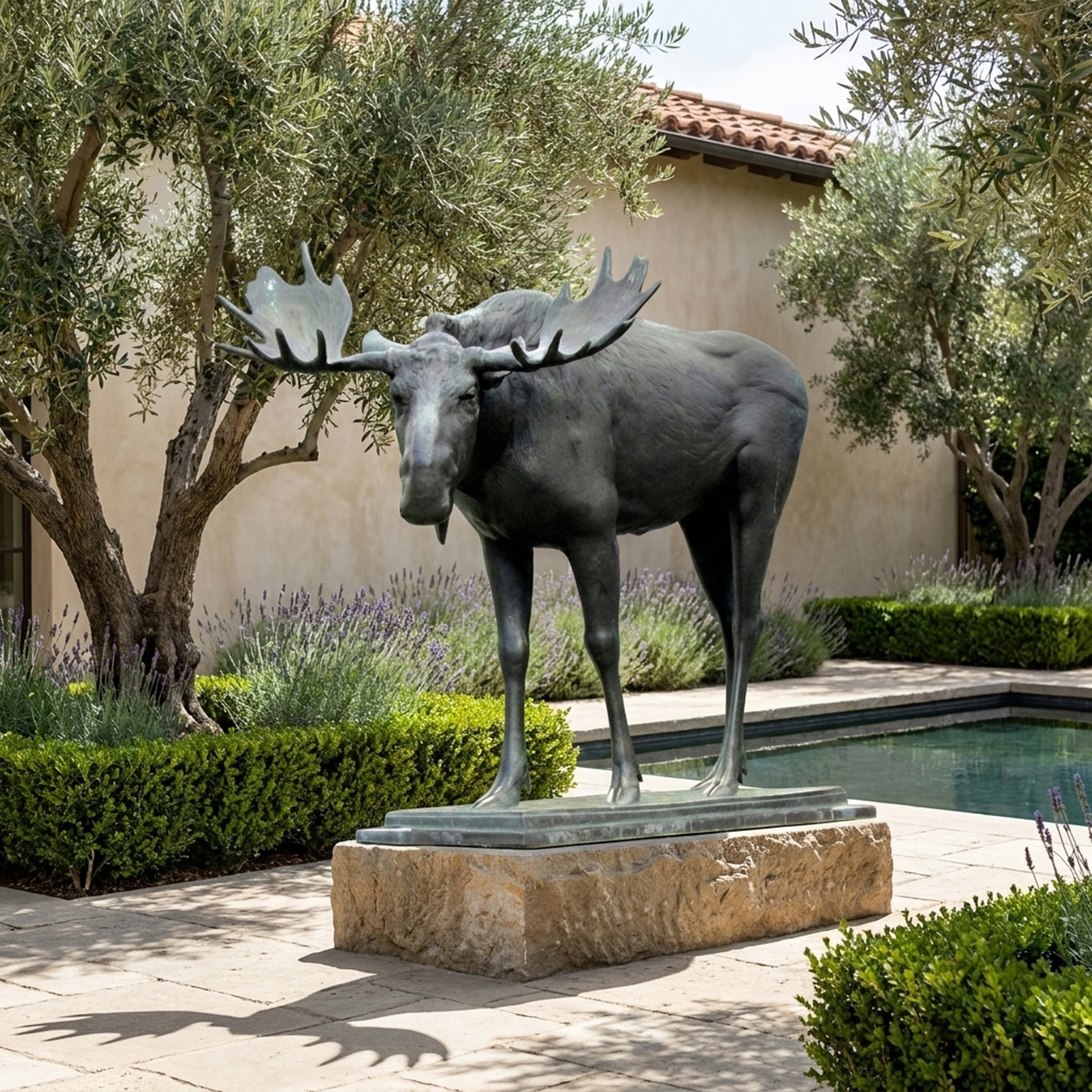 Life-Size Traditional Bull Moose Bronze Sculpture by Giant Sculptures with black-brown patina on a stone plinth in a Mediterranean courtyard beside a pool.