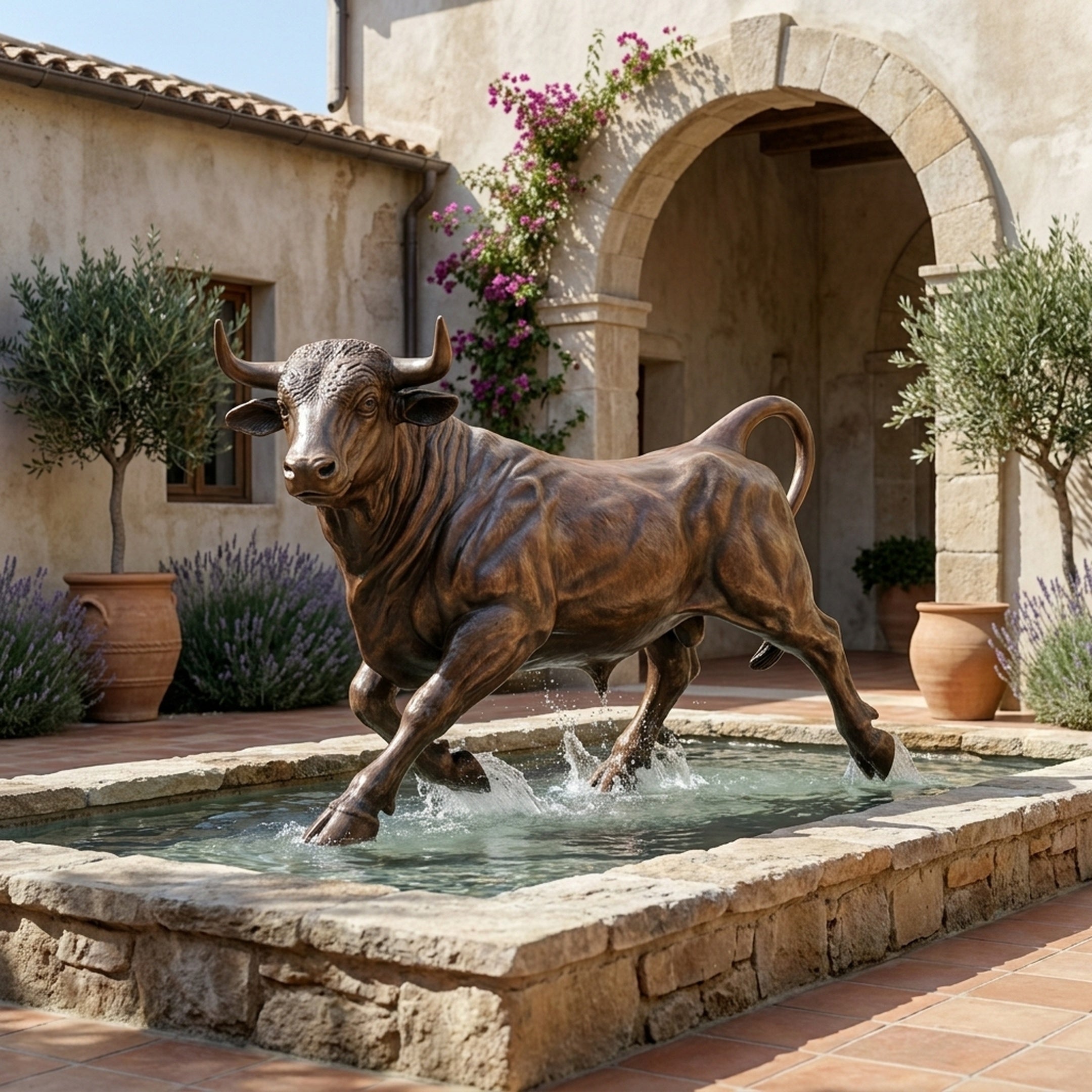 Life-Size Traditional Charging Bull Bronze Sculpture by Giant Sculptures, warm brown patina, mid-stride in a stone fountain basin in a Mediterranean courtyard.