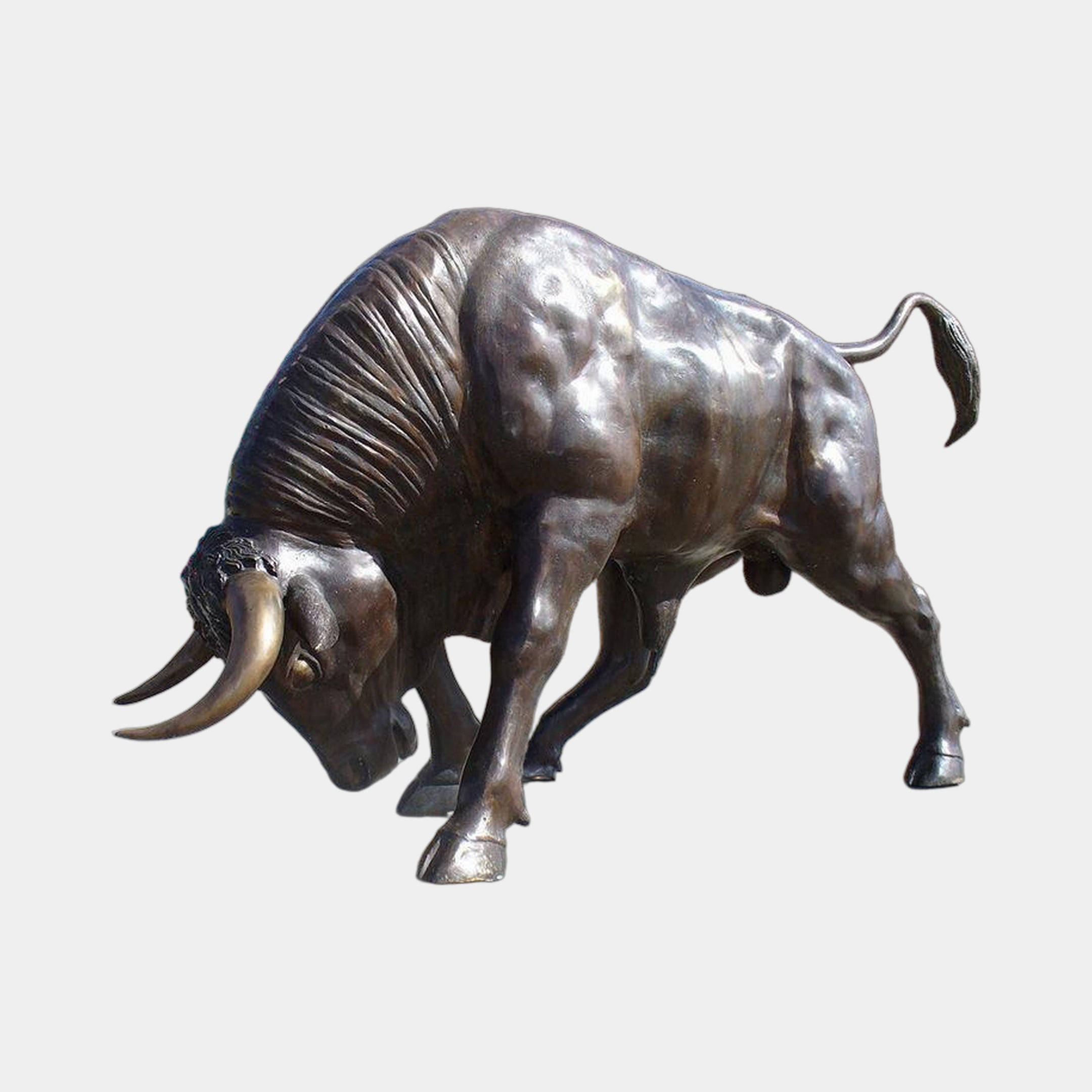 Life-Size Traditional Charging Bull Bronze Sculpture 200cm by Giant Sculptures, head lowered with golden-tipped horns and dark patina body, on a plain background.