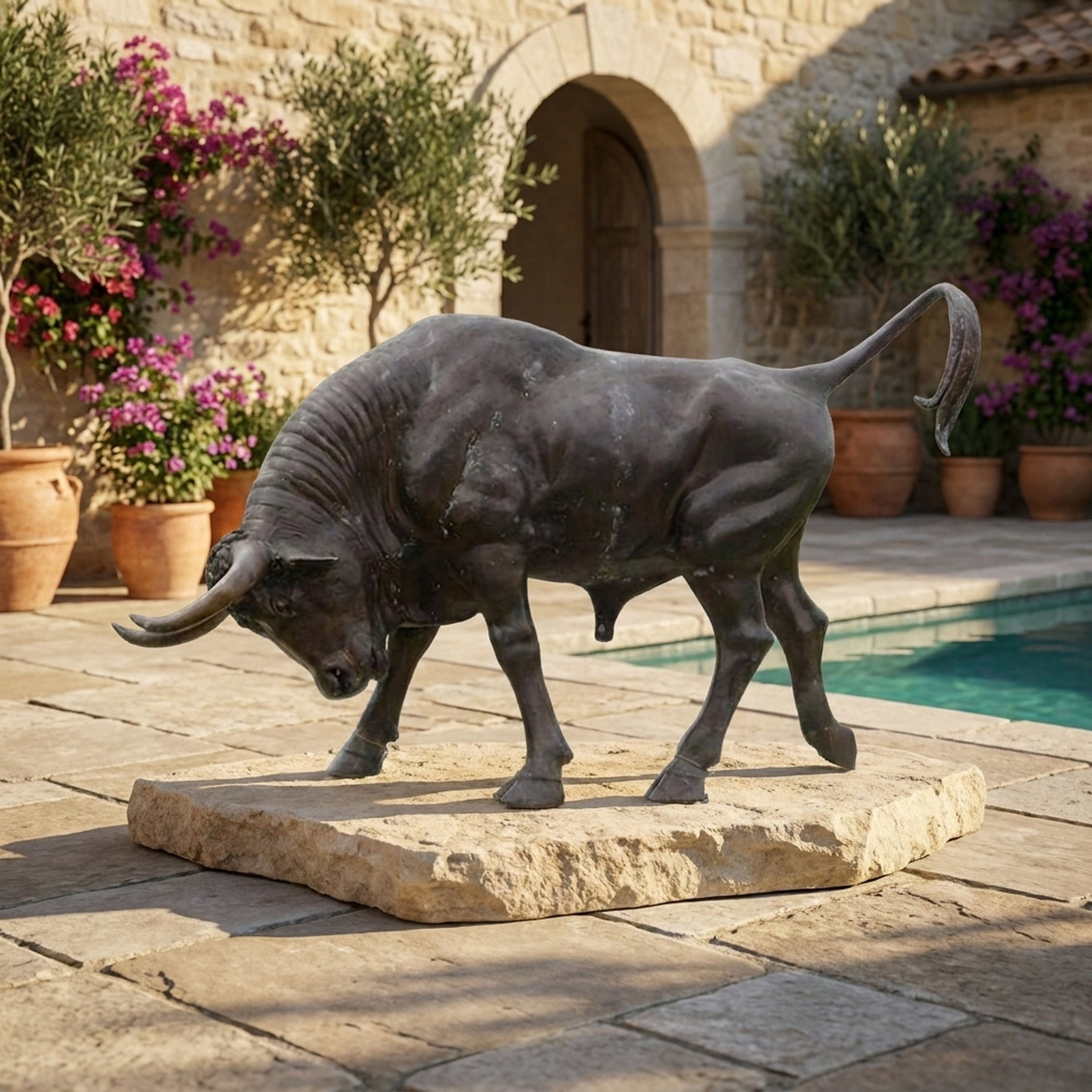 Life-Size Traditional Charging Bull Bronze Sculpture by Giant Sculptures, head lowered in mid-charge on a stone slab base beside a poolside Mediterranean courtyard.