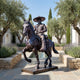 Life-Size Traditional Charro Rider and Horse Bronze Sculpture by Giant Sculptures displayed in a Mediterranean courtyard with olive trees and lavender.