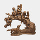 Giant Sculptures' Life-Size Traditional Children Playing on a Tree Log Bronze Sculpture showing five children climbing a fallen log with a barking dog below.