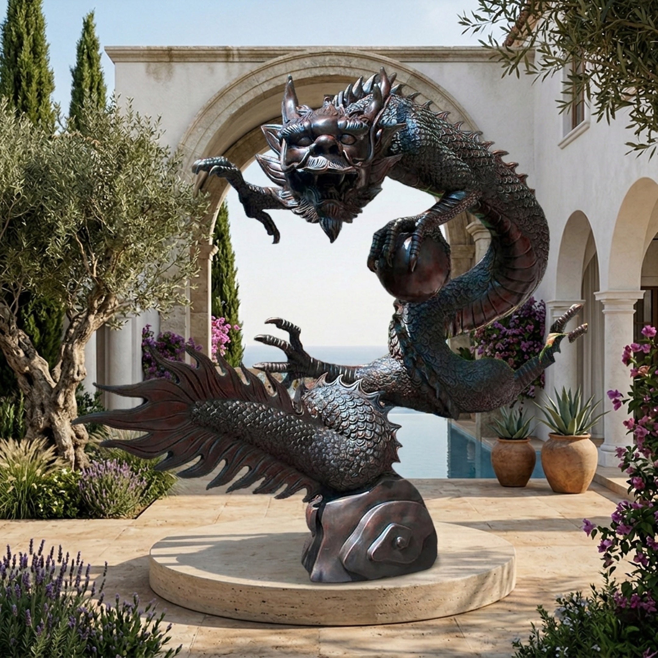 Life-Size Traditional Chinese Dragon Bronze Sculpture by Giant Sculptures, 220cm coiling dragon with two-tone patina, grasping a sphere in a Mediterranean courtyard.