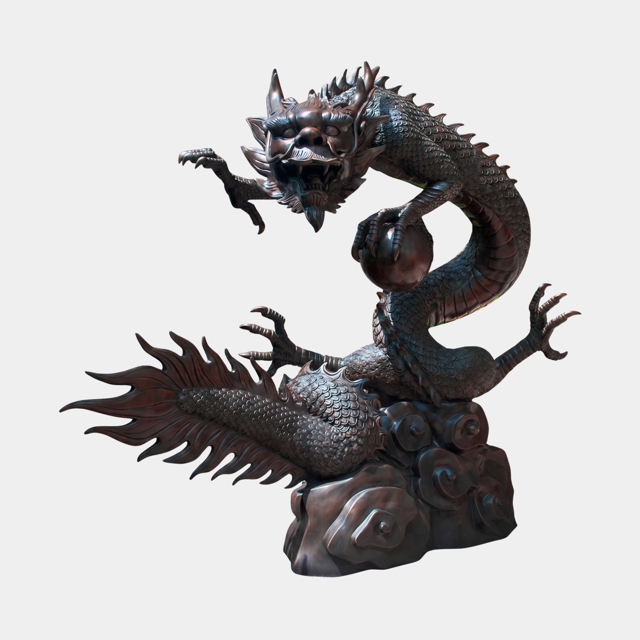 Life-Size Traditional Chinese Dragon Bronze Sculpture by Giant Sculptures, coiling upward from a cloud base, clutching a sphere, with a two-tone patina.