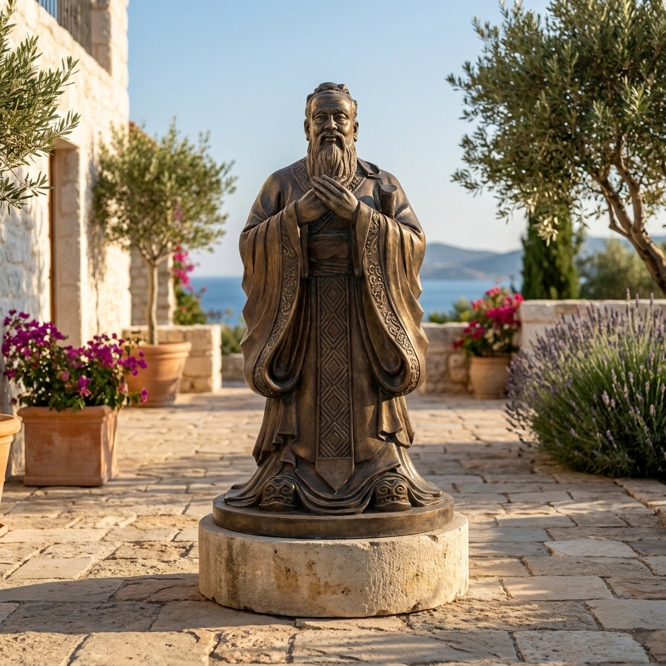 Life-Size Traditional Confucius Bronze Statue by Giant Sculptures on a stone plinth in a Mediterranean courtyard with olive trees, lavender, and sea view.