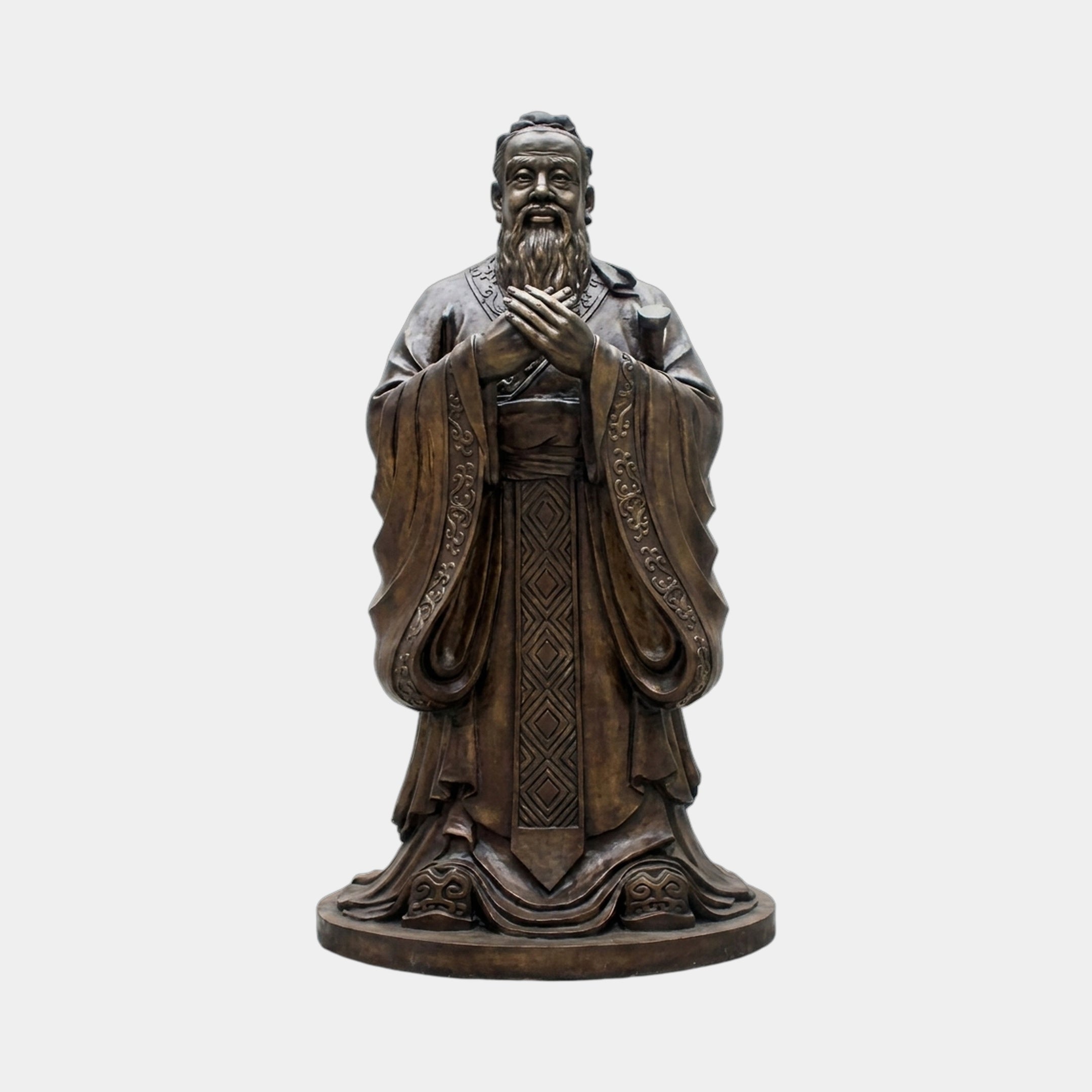 Life-Size Traditional Confucius Bronze Statue by Giant Sculptures, 180cm figure in Han-dynasty robes with hands clasped at chest, warm brown patina, plain background.
