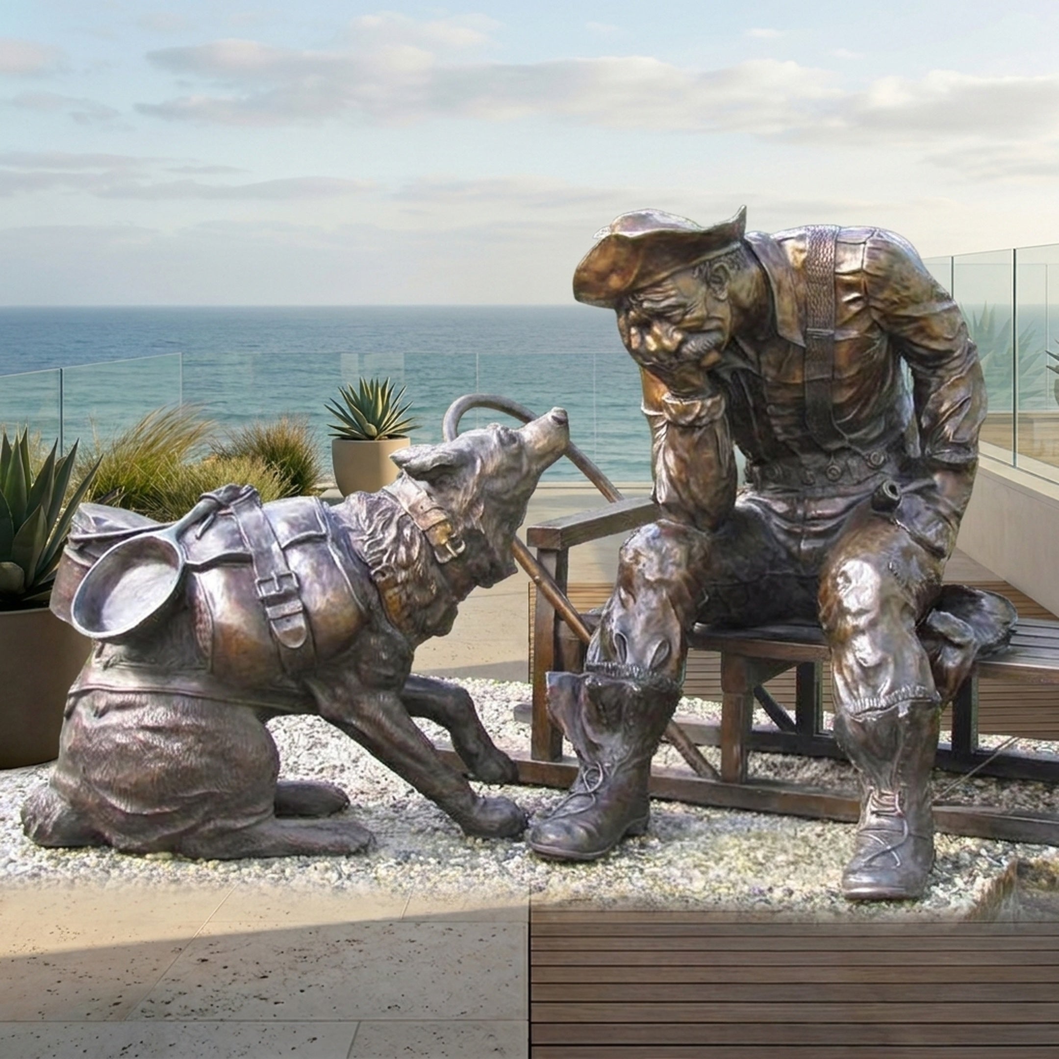 Giant Sculptures Life-Size Traditional Cowboy and Husky Dog Bronze Sculpture 190cm shown on a seaside terrace, with the seated prospector facing his husky.