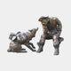 Life-Size Traditional Cowboy and Husky Dog Bronze Sculpture by Giant Sculptures, showing the seated prospector leaning toward the husky with pack saddle, on white.