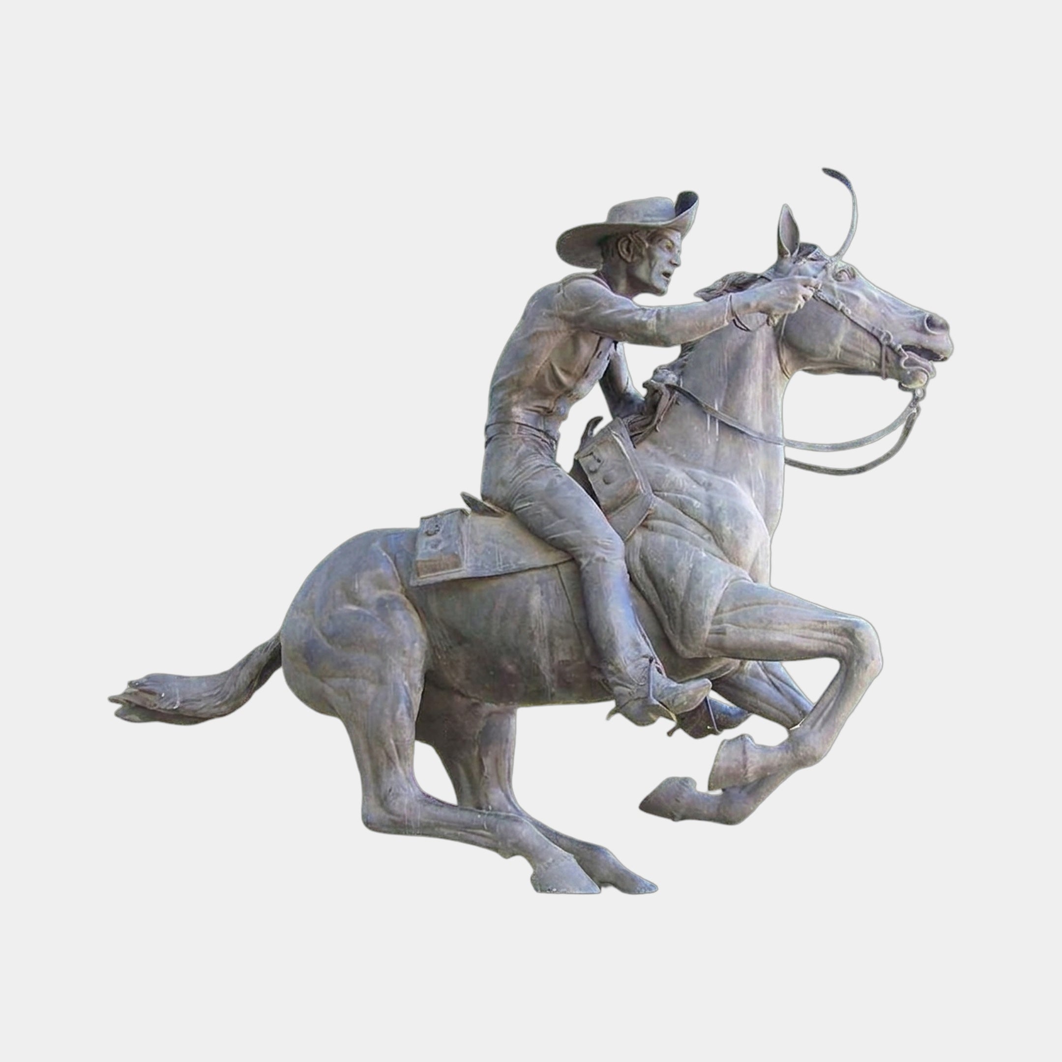 Giant Sculptures Life-Size Traditional Cowboy Riding Galloping Horse Bronze Sculpture 400cm, rider leaning forward with whip raised, shown on plain background.