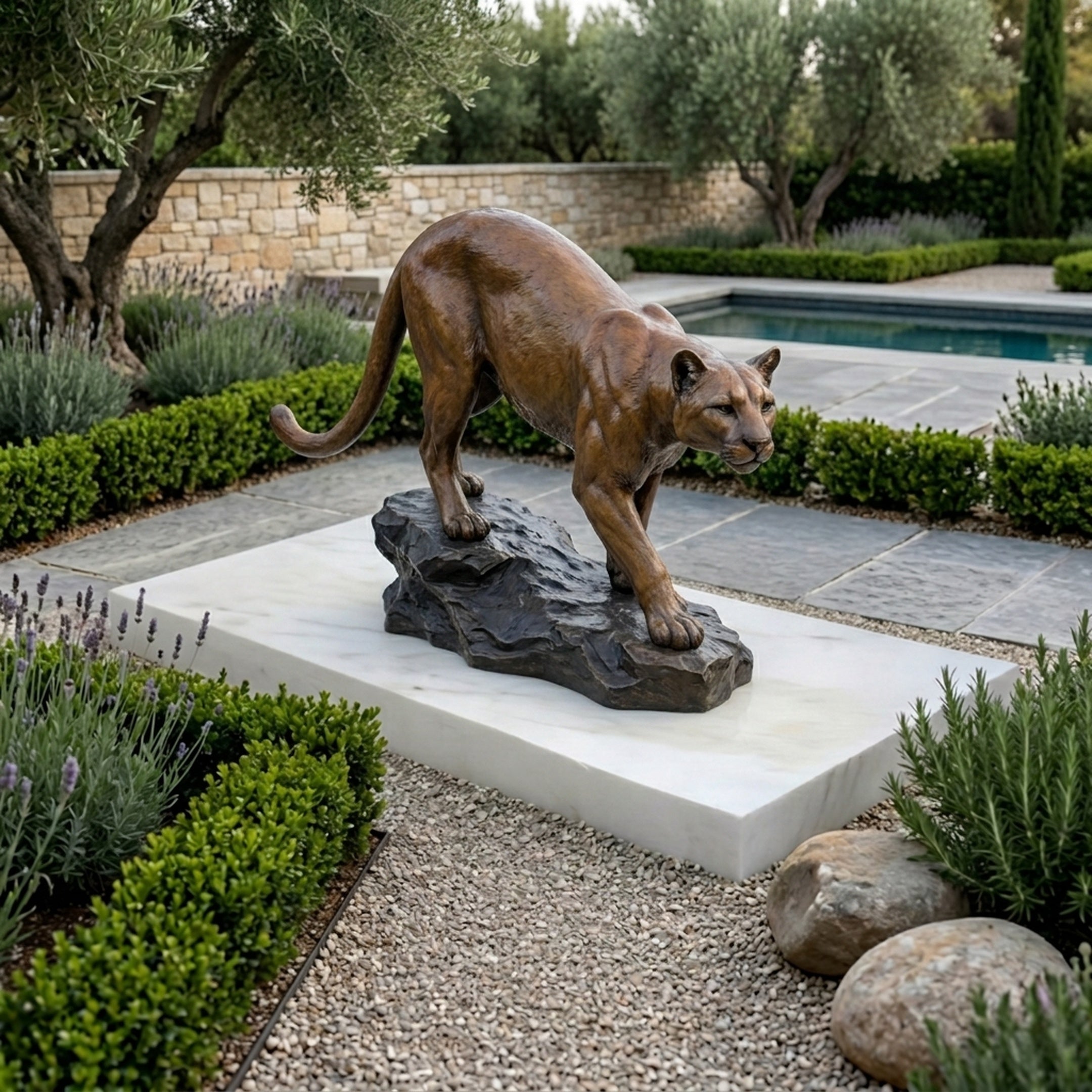 Life-Size Traditional Crouching Cougar Bronze Sculpture by Giant Sculptures on a white marble plinth in a Mediterranean garden with lavender, olive trees, and pool.