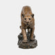 Front view of the Giant Sculptures Life-Size Traditional Crouching Cougar Bronze Sculpture with golden-brown patina on a dark rocky base, plain background.