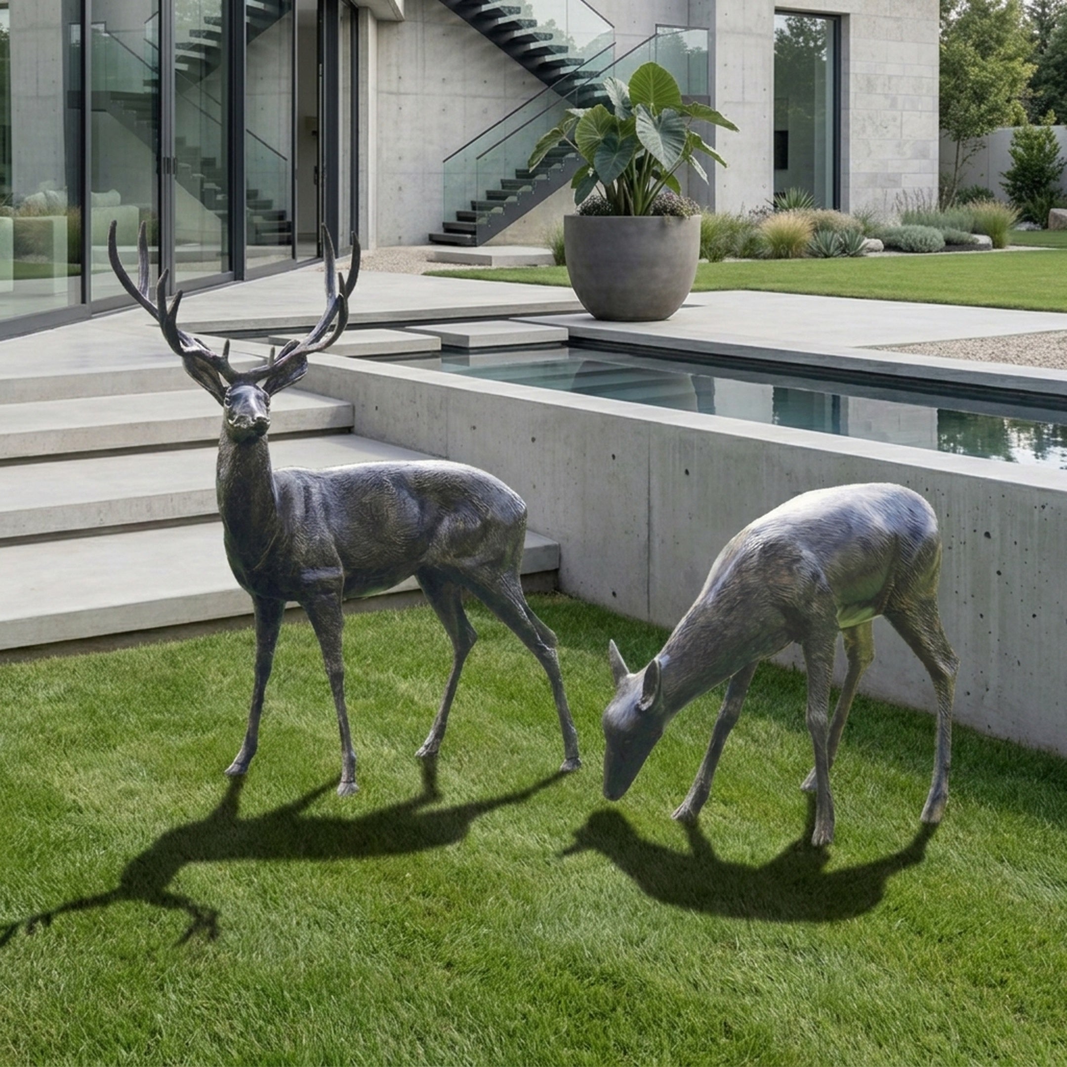 Life-Size Traditional Deer Bronze Sculpture Pair (Doe Companion) - 170cm