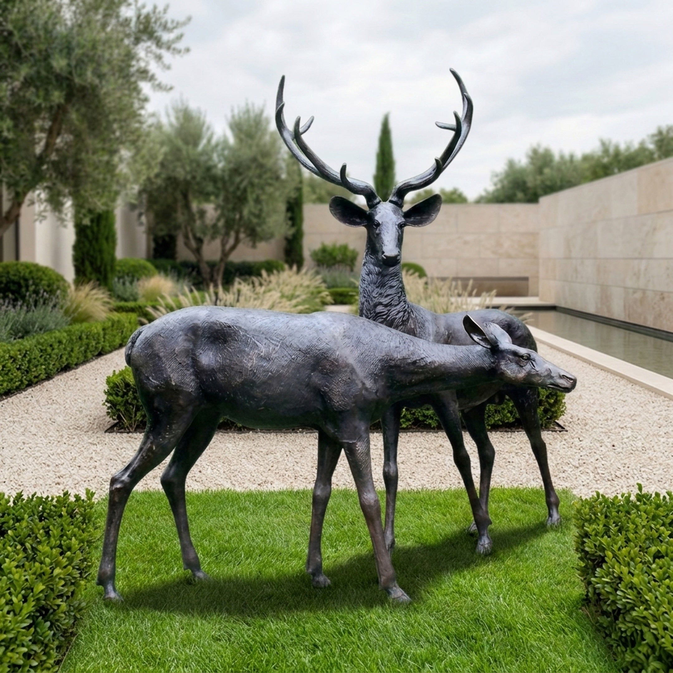 Life-Size Traditional Deer Pair Bronze Sculpture (Doe Companion) - 170cm